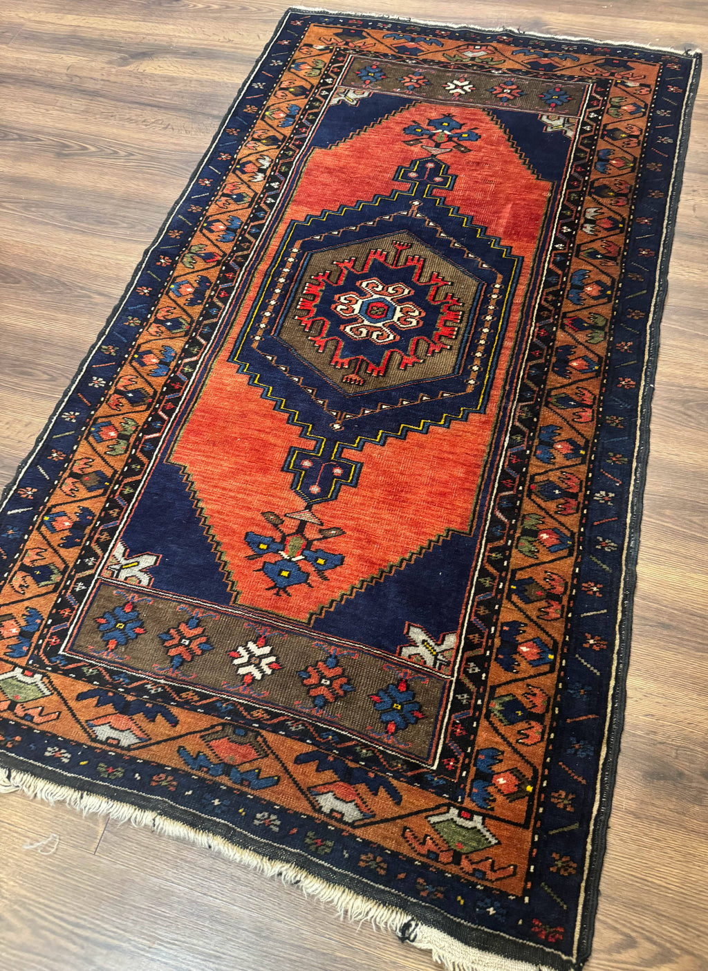 Persian Rug 3x6, Geometric Medallion, Village Tribal Rug, Terracotta and Navy Blue, Antique Nahavand Hamadan Rug