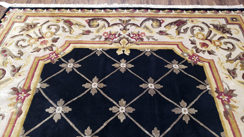Nepal Rug 6x9, New Aubusson Nepalese Tibetan Carpet 6'1" x 8' 8", Hand-Knotted Wool, Unused, Black & Cream, Savonnerie Pattern, Soft Pile