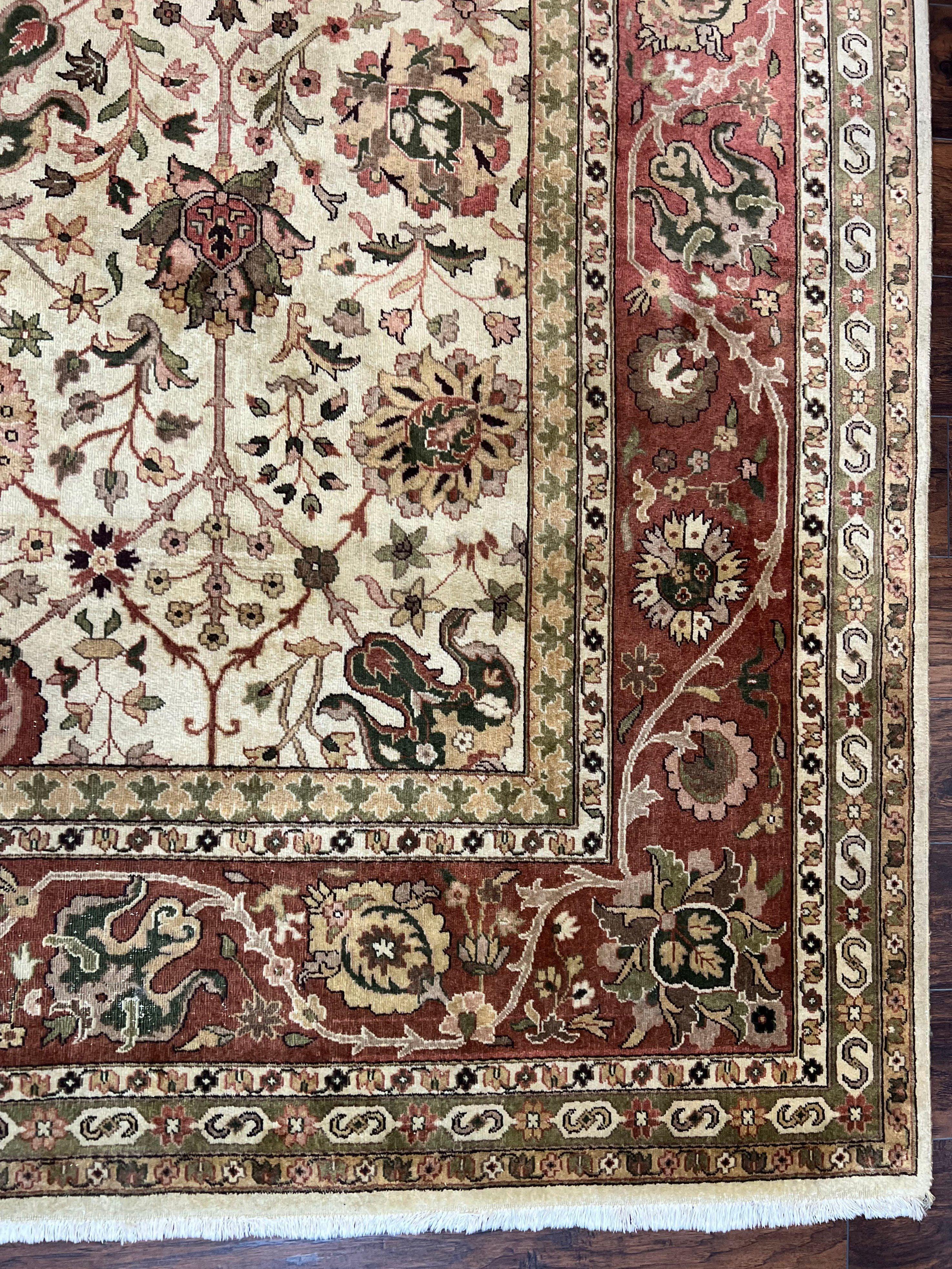 Large Indian Rug 10x14, Hand Knotted Indo Persian Gandehar Oriental Carpet, Vintage Wool Rug 10 x 14 ft Cream Red Floral Allover Traditional