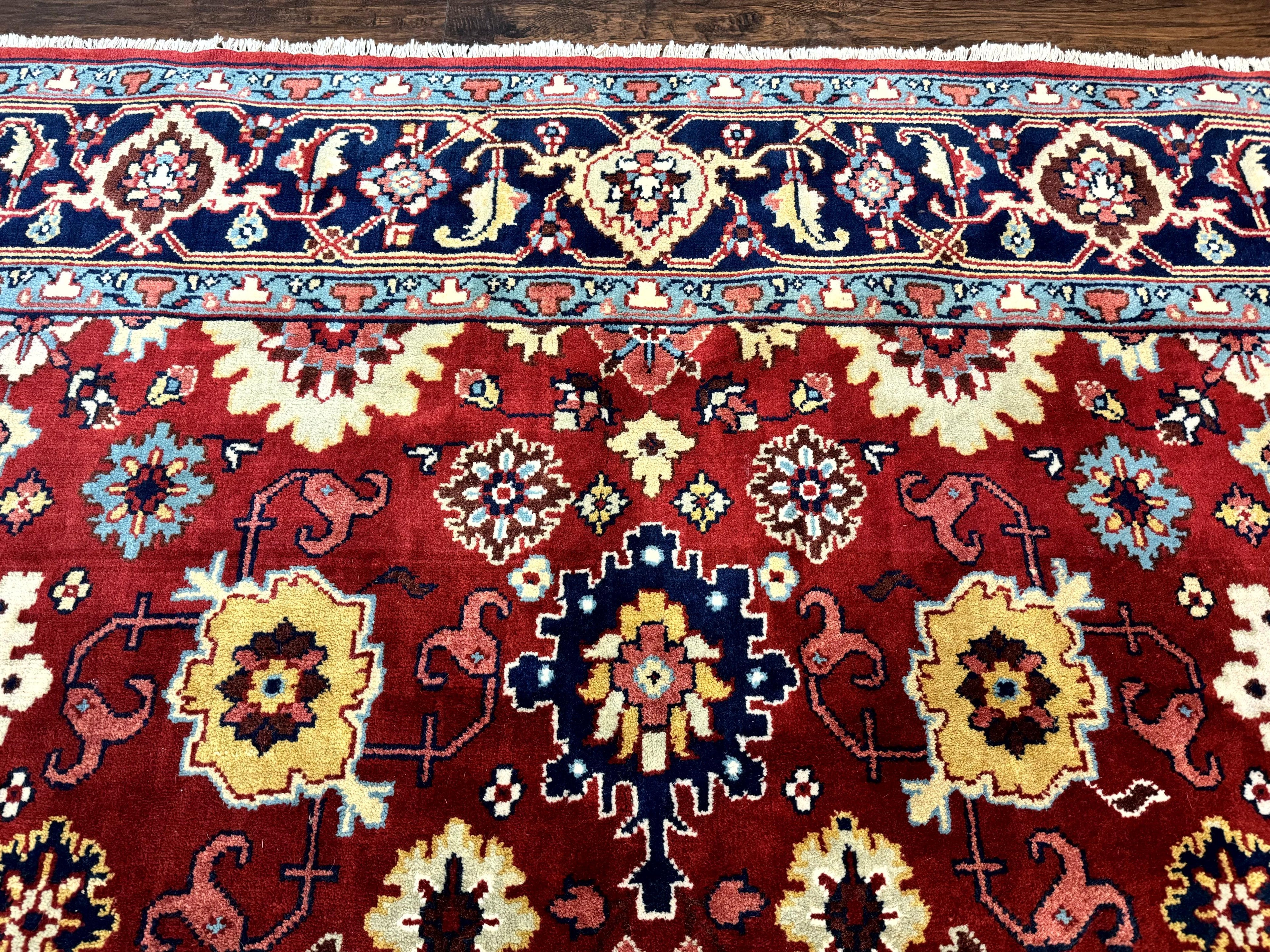 Indo Heriz Rug 8x10, Red and Navy Blue, Allover Pattern, Wool Handmade Carpet