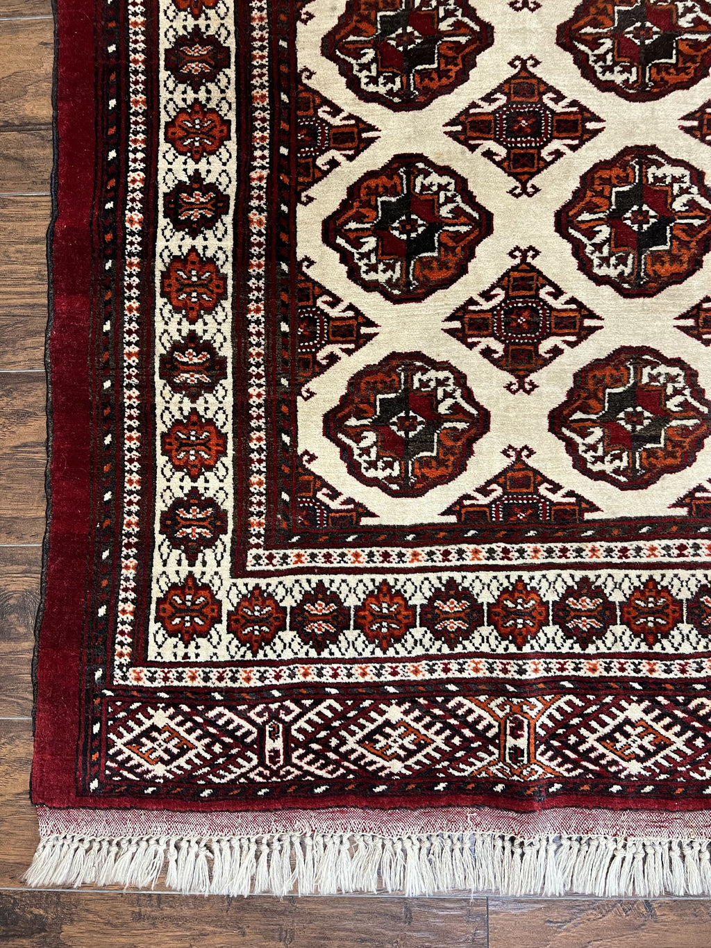 Persian Turkoman Rug 7x8, Almost Square Rare, Hand Knotted, Yamud, Bohemian Rug, Handmade Tribal Rug, Cream Red, Handmade Oriental Carpet