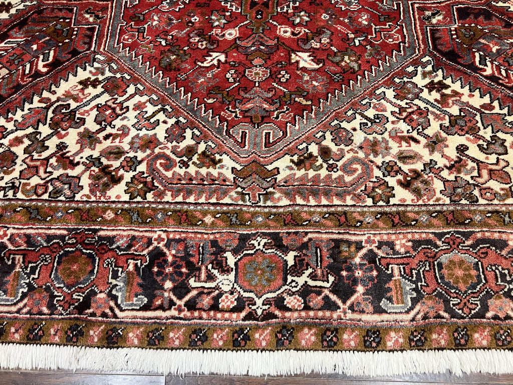 Large Persian Heriz Rug 10x13, Wool Hand Knotted Antique Carpet, Red and Ivory, Geometric Tribal Room Sized Rug, Decorative Oriental Rug