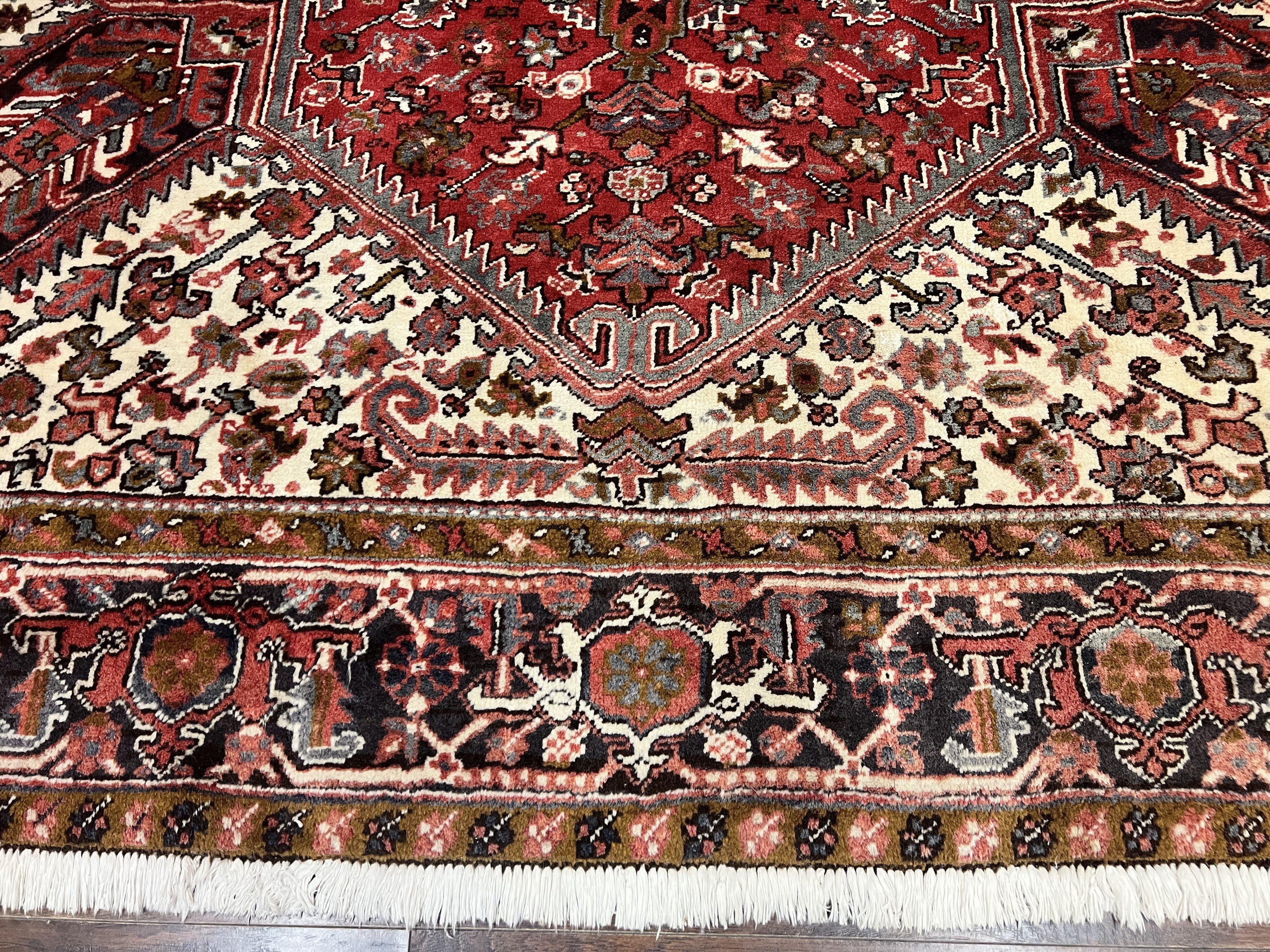 Large Persian Heriz Rug 10x13, Wool Hand Knotted Antique Carpet, Red and Ivory, Geometric Tribal Room Sized Rug, Decorative Oriental Rug