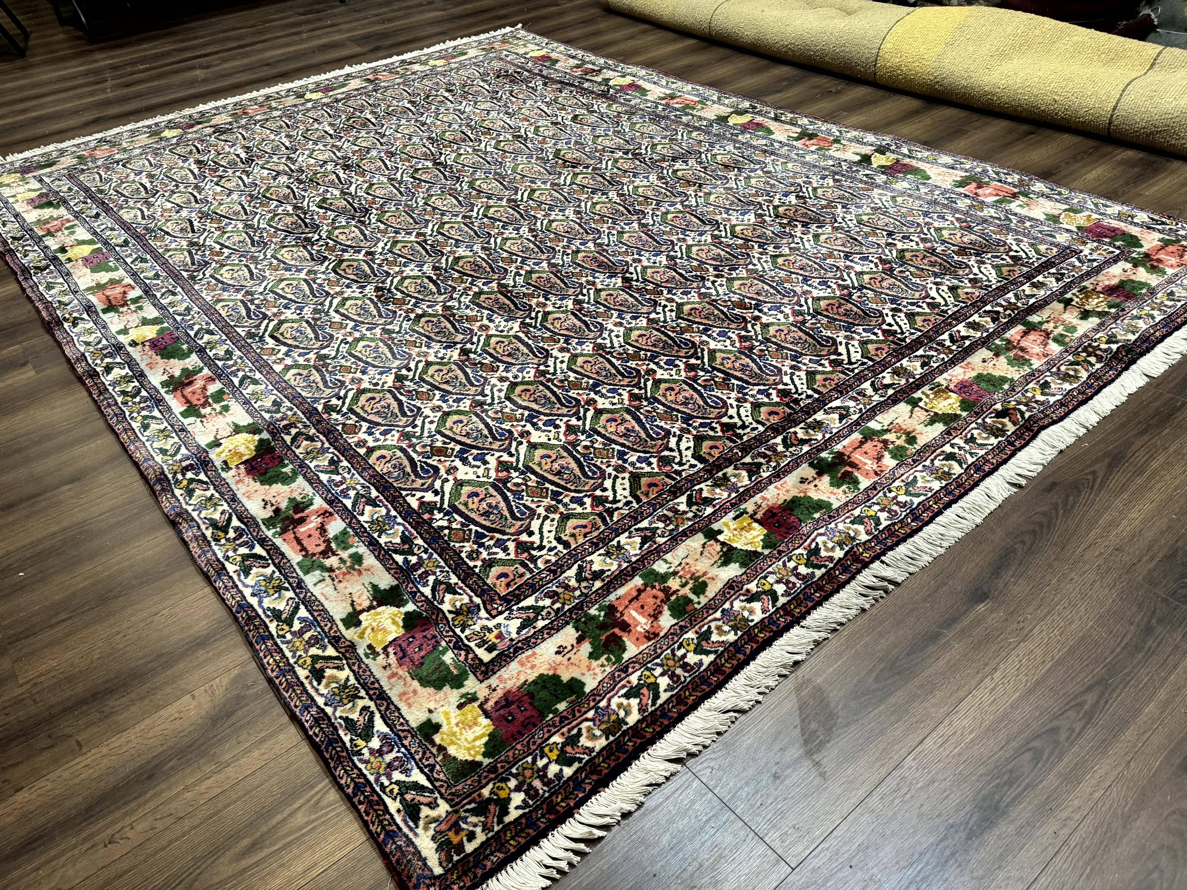 Persian Kurdish Rug 8x11, Repeated Allover Boteh Paisley Design, Bird Pictorials, Rare Antique Sannadaji Carpet