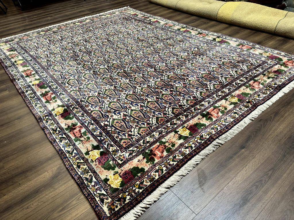 Persian Kurdish Rug 8x11, Repeated Allover Boteh Paisley Design, Bird Pictorials, Rare Antique Sannadaji Carpet