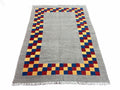 Gray Kilim Carpet, Yellow, Red, Blue Checkerboard Pattern, Flatweave, New, Geometric, Hand-Knotted, Wool, Turkish Area Rug, 5' 9" x 7' 9"