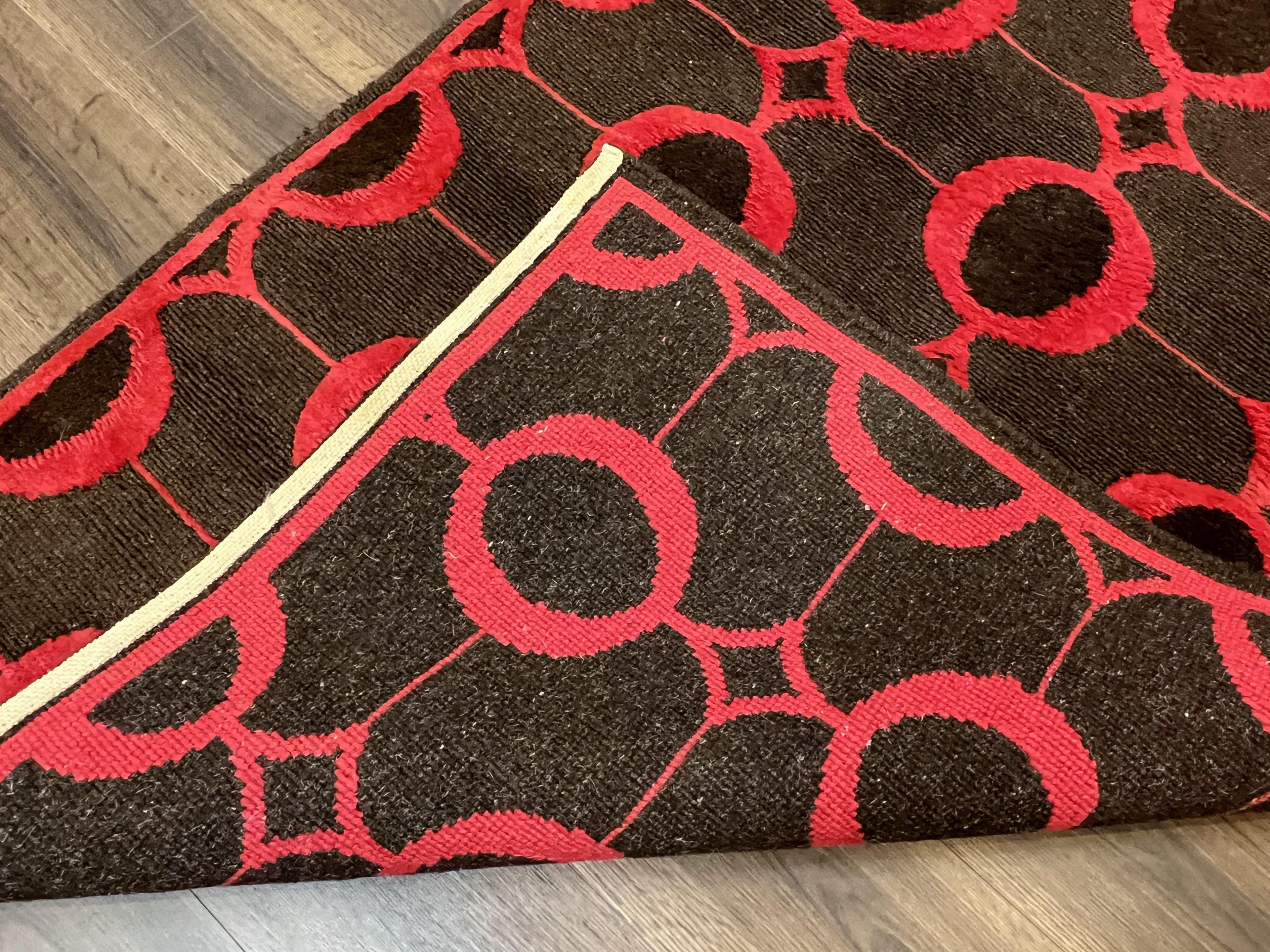 Modern Tibetan Rug 3.8 x 5.7, Raspberry Red and Dark Brown, Abstract Circle Design, Hand Knotted, Soft Wool Handmade Tibet Nepali Carpet 4x6