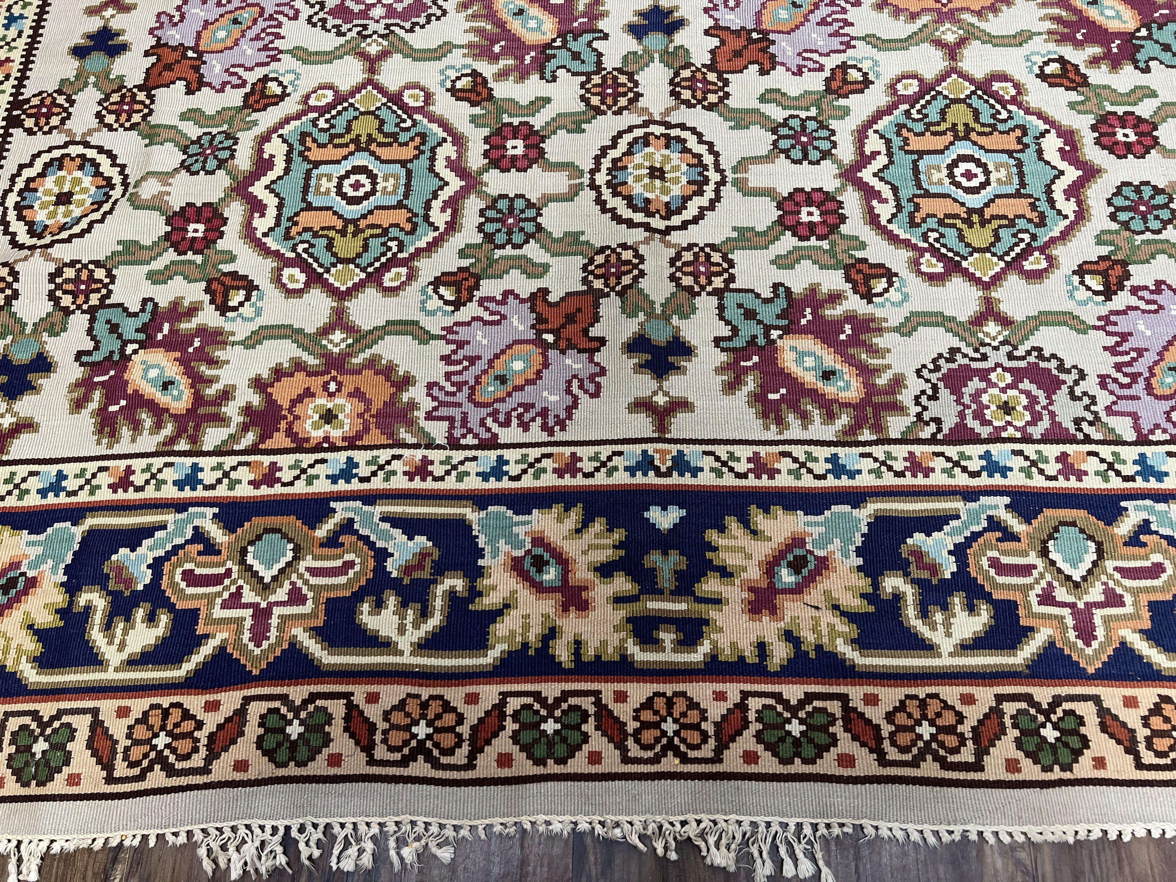 Antique Turkish Kilim Rug 7x10 Allover Pattern, Ivory Cream Maroon Light Blue, Wool Flatweave Hand Woven, Large Kilim, Vintage Kilim Carpet