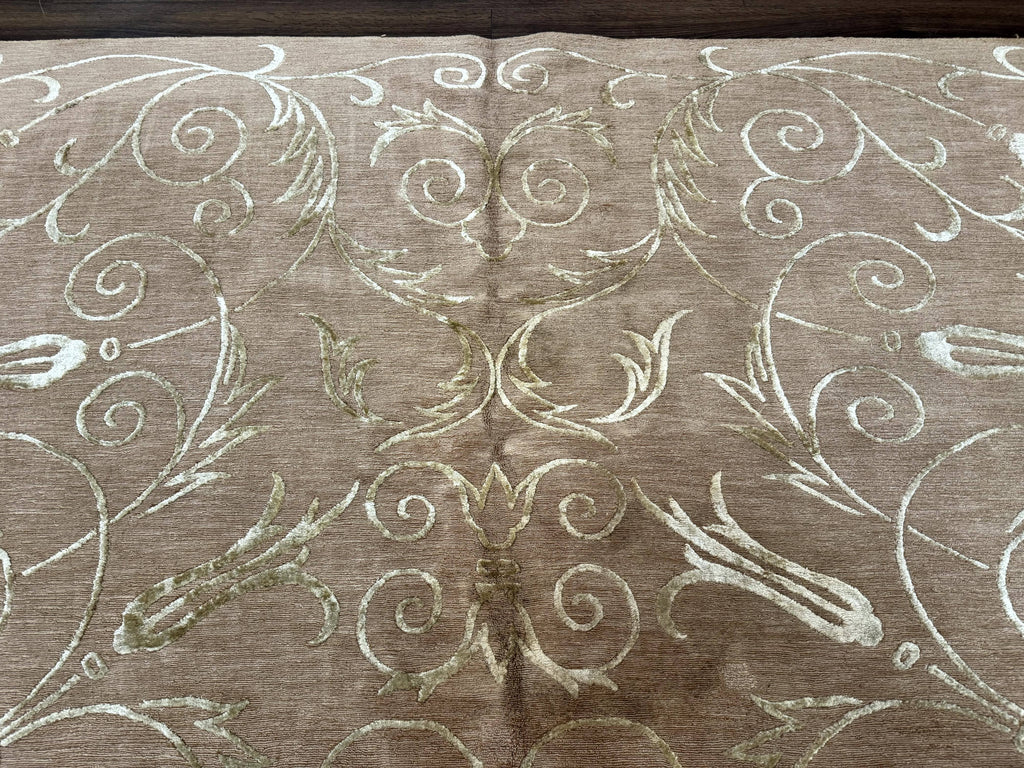 Tibetan Rug 9x12 Wool and Silk Beige Modern Handmade Carpet