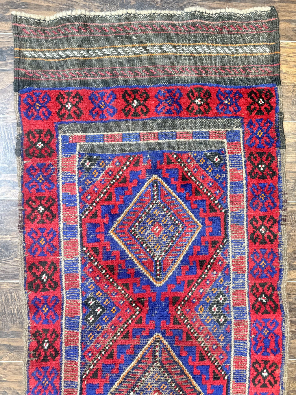 Turkoman Runner Rug 2 x 8.6, Skinny Runner, Handmade Wool Carpet for Hallway, Red and Blue, Wool, Vintage 8ft Runner