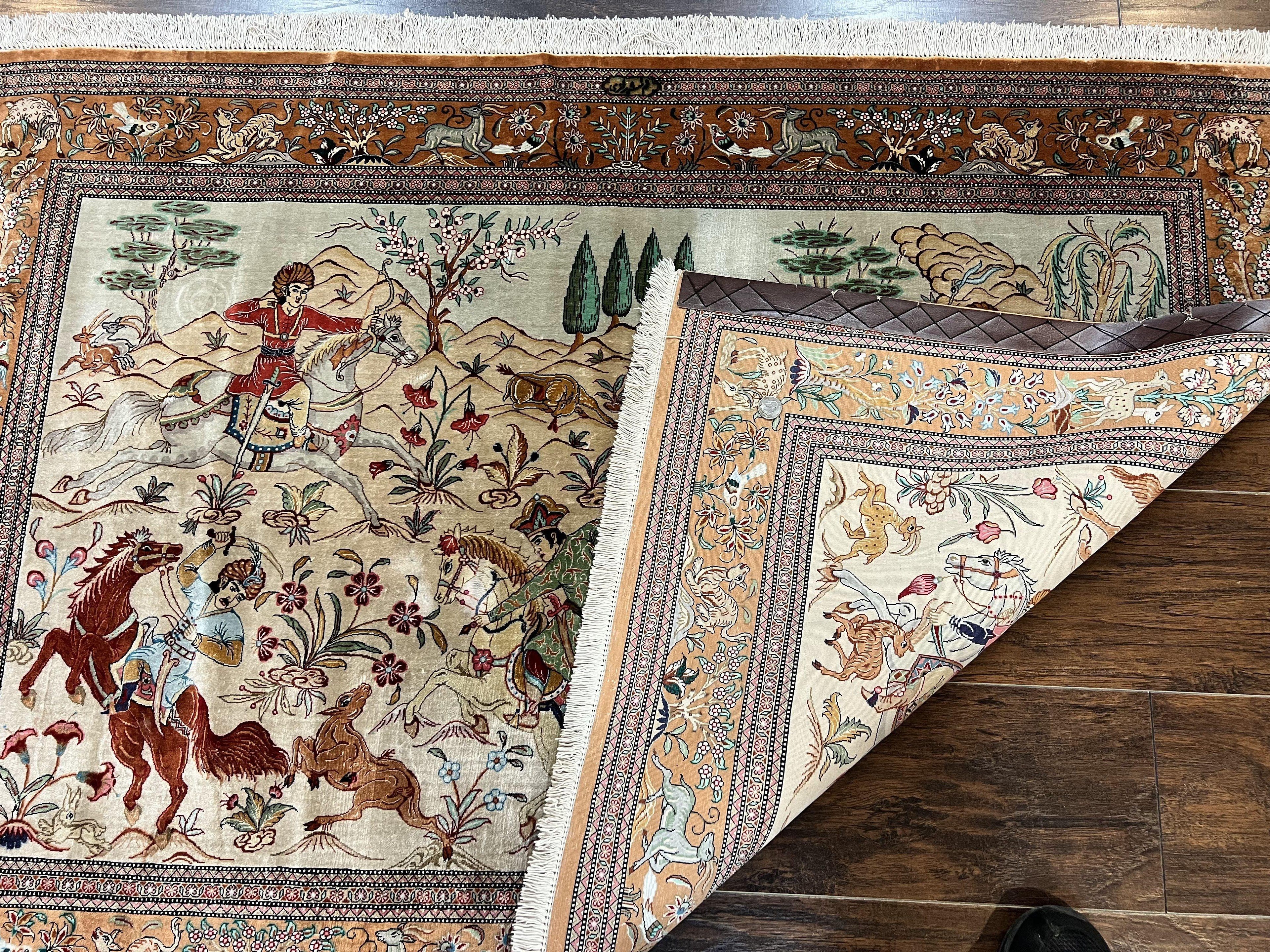 Silk Persian Qum Rug 3x5, Hunting Pattern, Handmade Vintage Carpet, Signed by Master Weaver, Horsemen Pictorials, Super Fine 650 KPSI