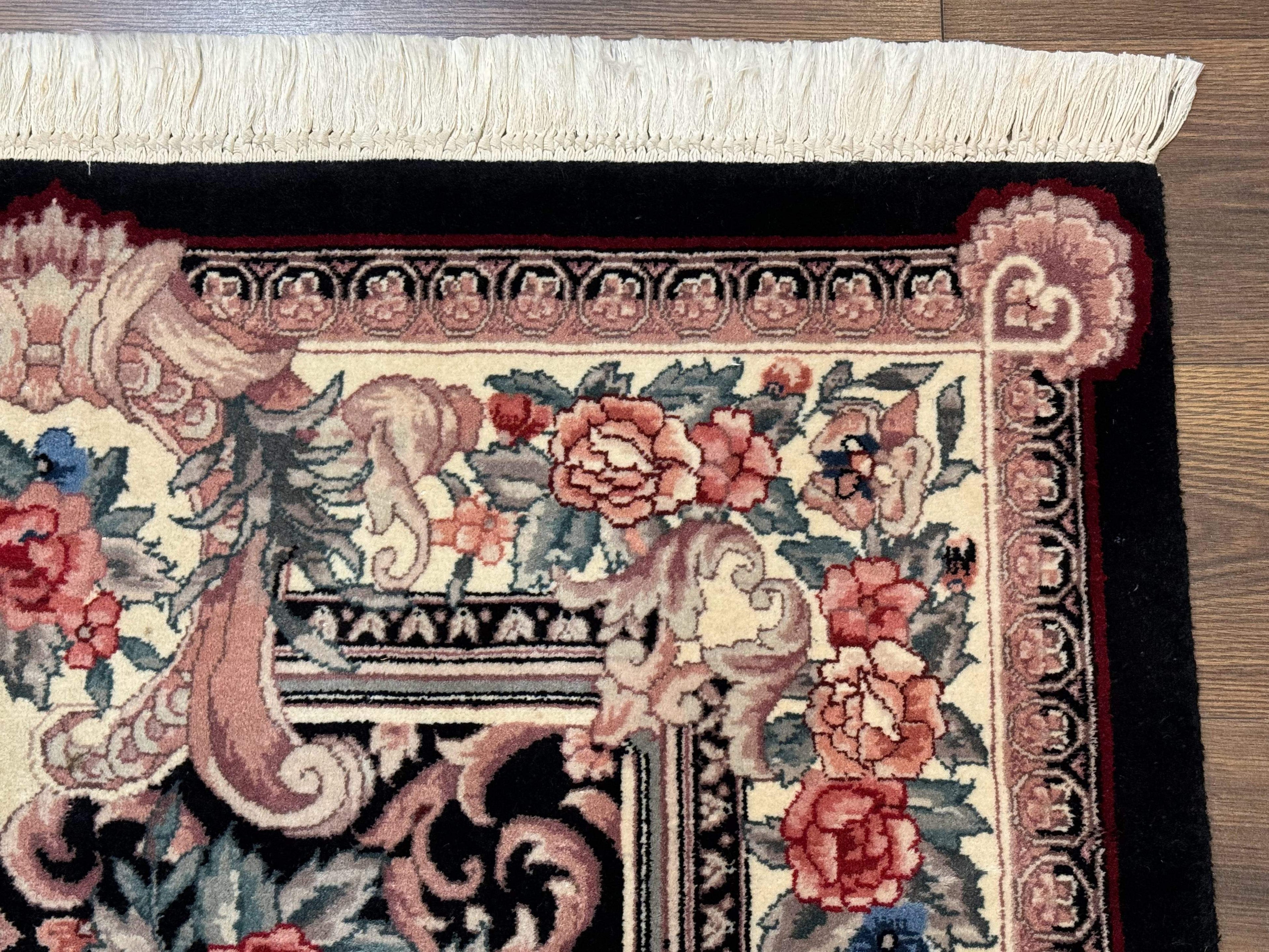 Aubusson Rug 4x6, Elegant European Floral Design, Black and Ivory, Fine 200 KPSI