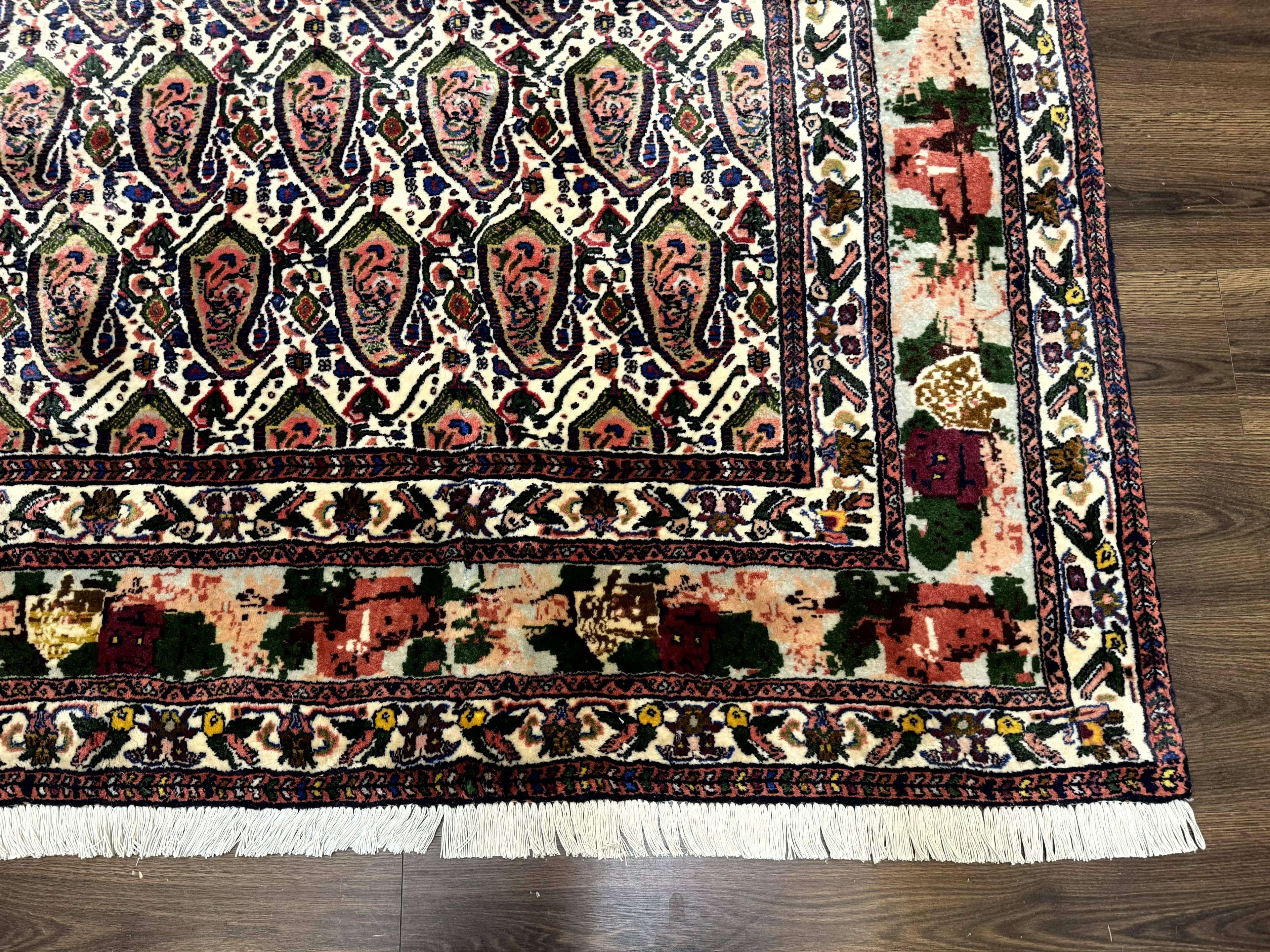 Persian Kurdish Rug 8x11, Repeated Allover Boteh Paisley Design, Bird Pictorials, Rare Antique Sannadaji Carpet