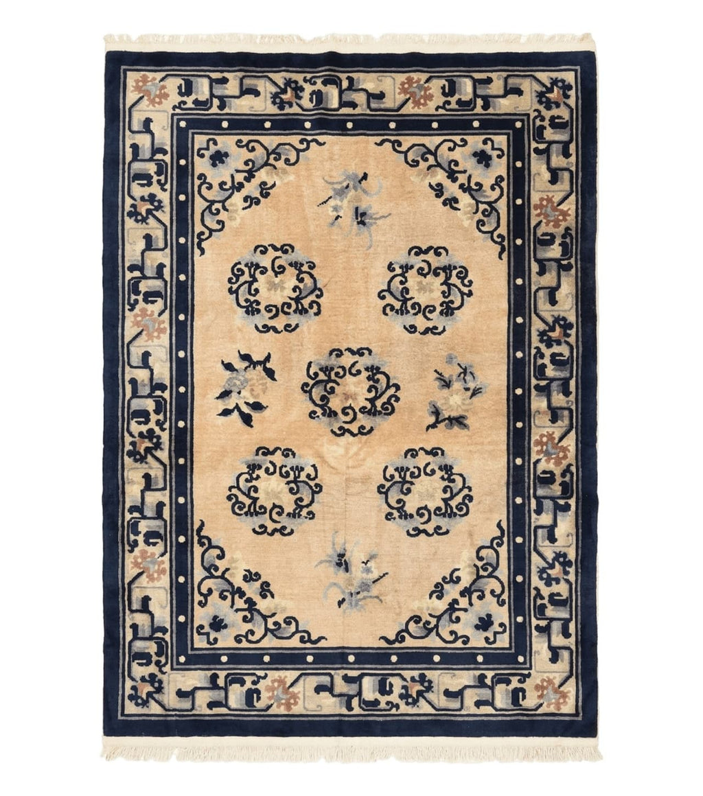 Chinese Peking Rug 4x6, Wool Hand Knotted Handmade Vintage Semi Antique Carpet, Semi Open Field, Light Peach & Navy Blue, Art Deco Rug