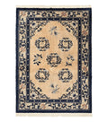 Chinese Peking Rug 4x6, Wool Hand Knotted Handmade Vintage Semi Antique Carpet, Semi Open Field, Light Peach & Navy Blue, Art Deco Rug