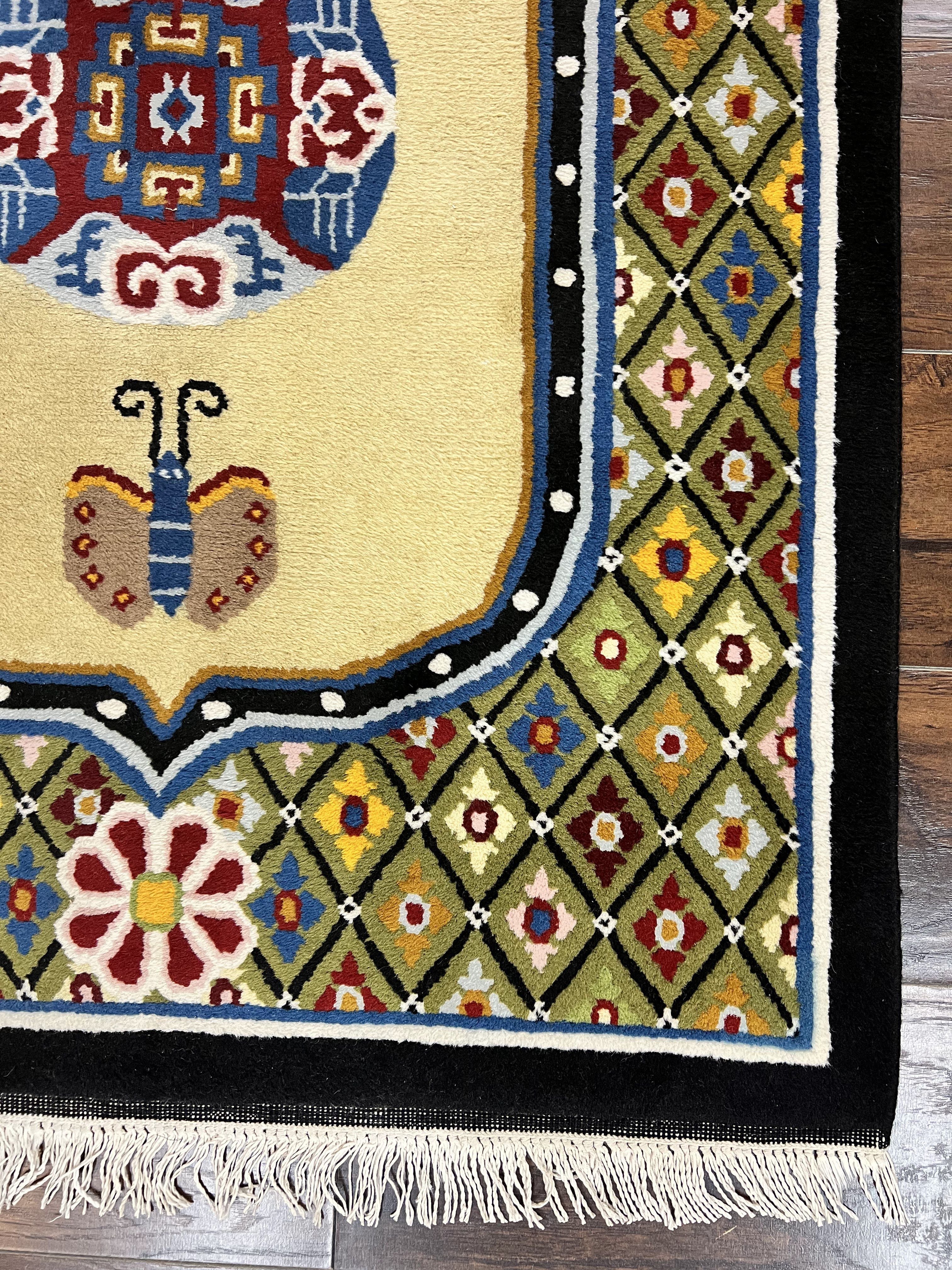 Chinese Rug 3x6 ft, Chinese Wool Rug, Tiensin Rug, Handmade Wool 3 x 6 Vintage Peking Rug, Art Deco Rug, Butterflies
