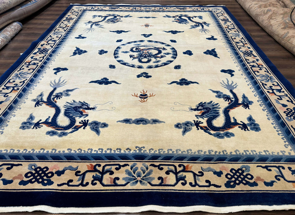 Chinese Dragon Peking Rug 8 x 11.6, Ivory and Blue, Chinese Wool Rug, Vintage