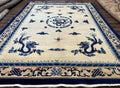 Chinese Dragon Peking Rug 8 x 11.6, Ivory and Blue, Chinese Wool Rug, Vintage