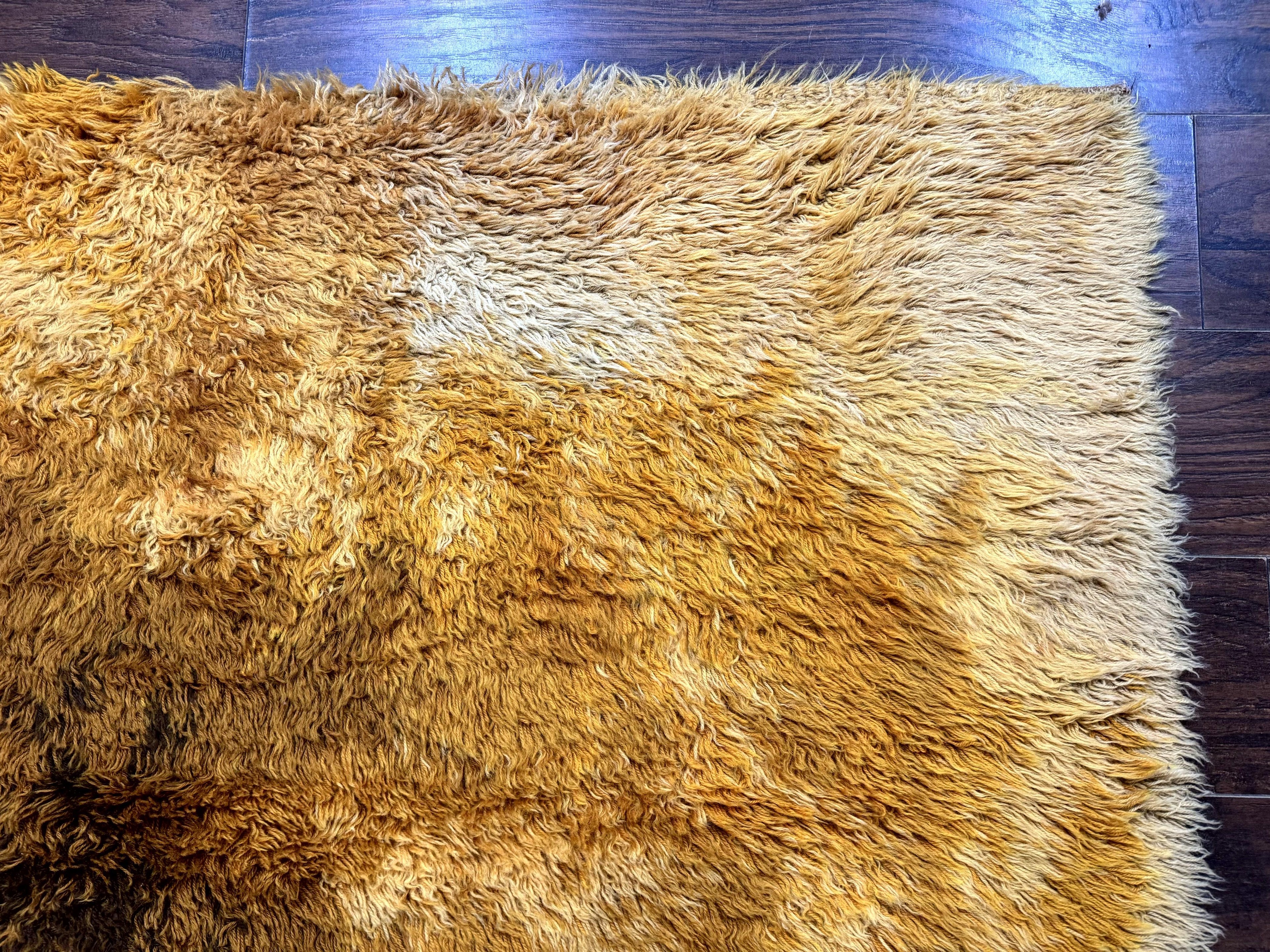 Rya Shag Rug 4.6 x 6, Shades of Yellow, Mid Century Vintage Carpet