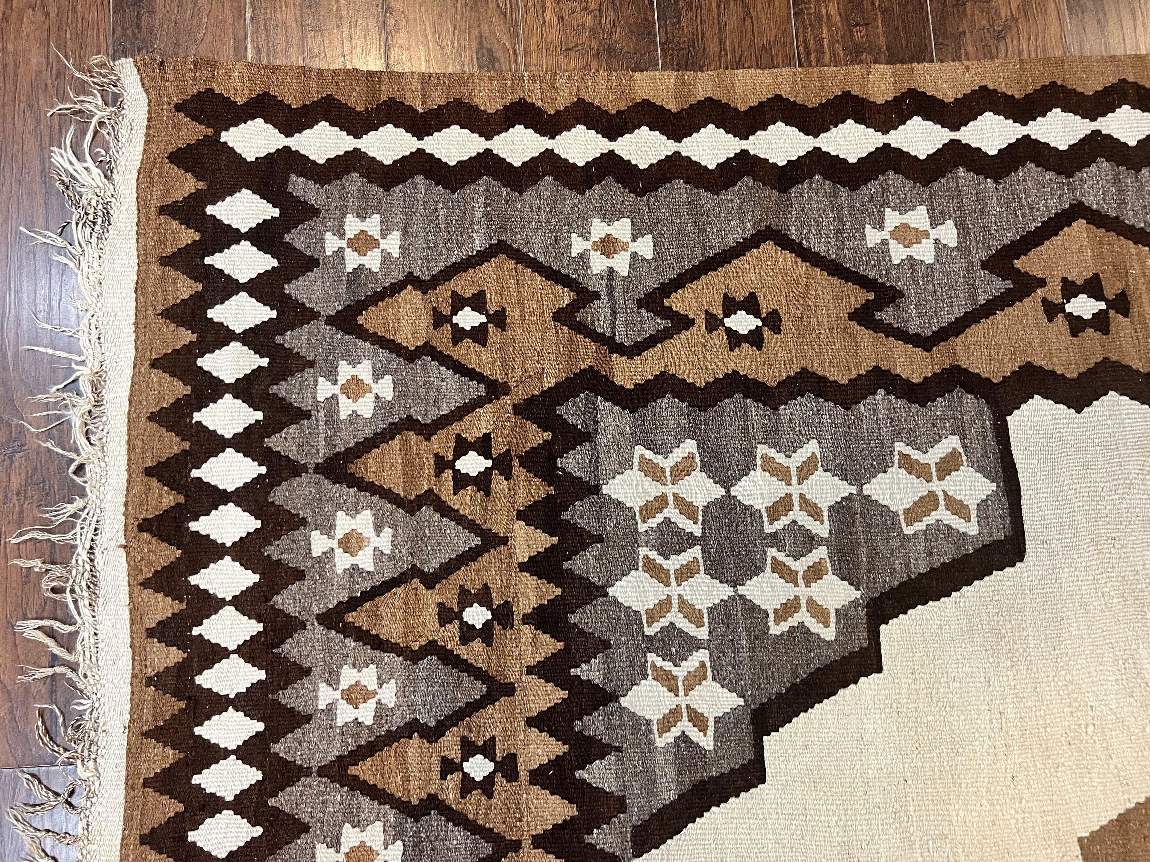 Antique Persian Fars Kilim Rug 8x11, Wool, Boho Tribal Persian Shiraz Flatweave Carpet, Semi Open Field, Geometric, Handmade, Vintage Semi Antique