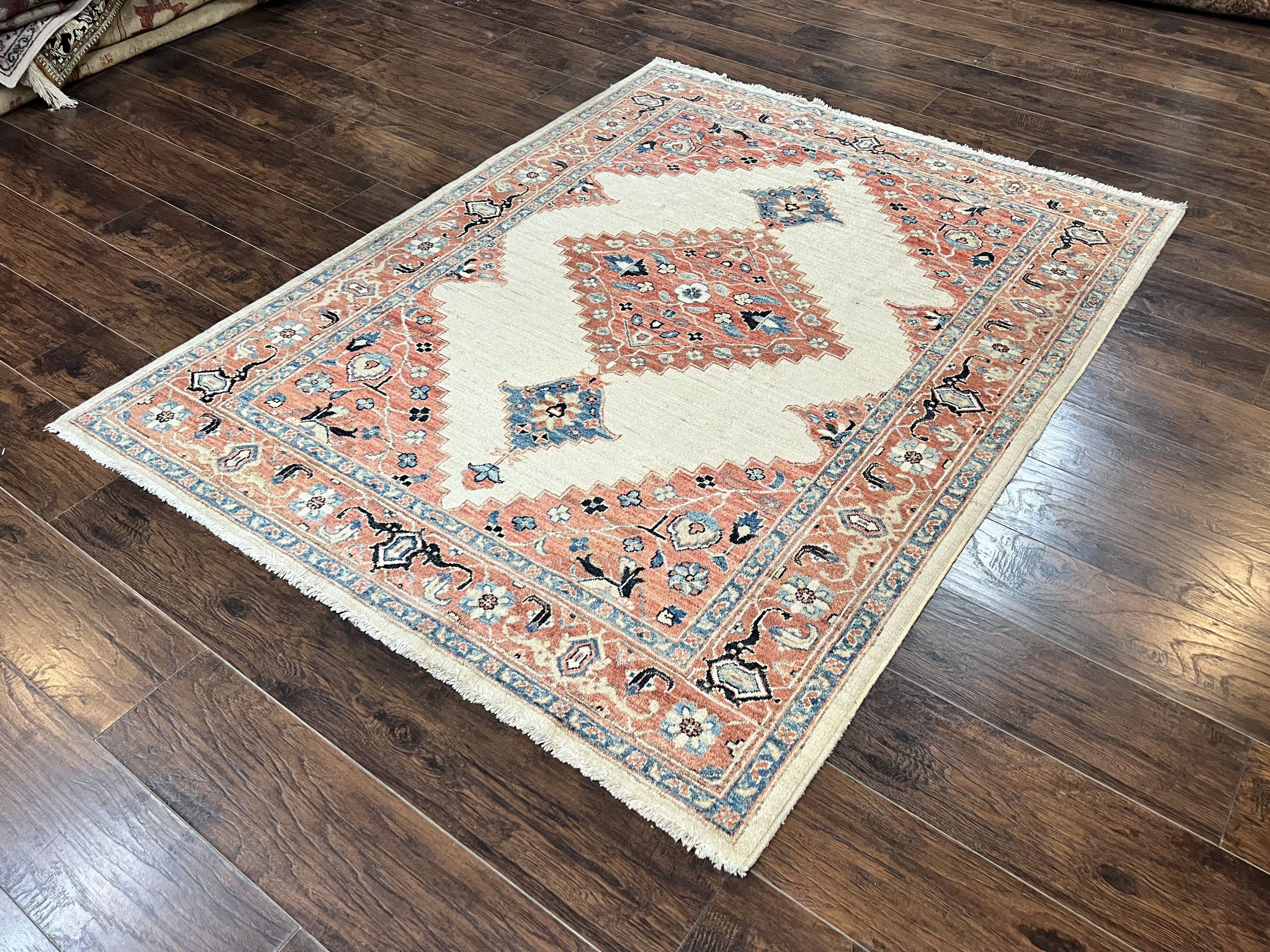 Peshawar Rug 5x7, Wool Hand Knotted Handmade Vintage Carpet, Serapi Design, Pakistani Rug 5 x 7 ft, Medium Sized, Geometric Rug