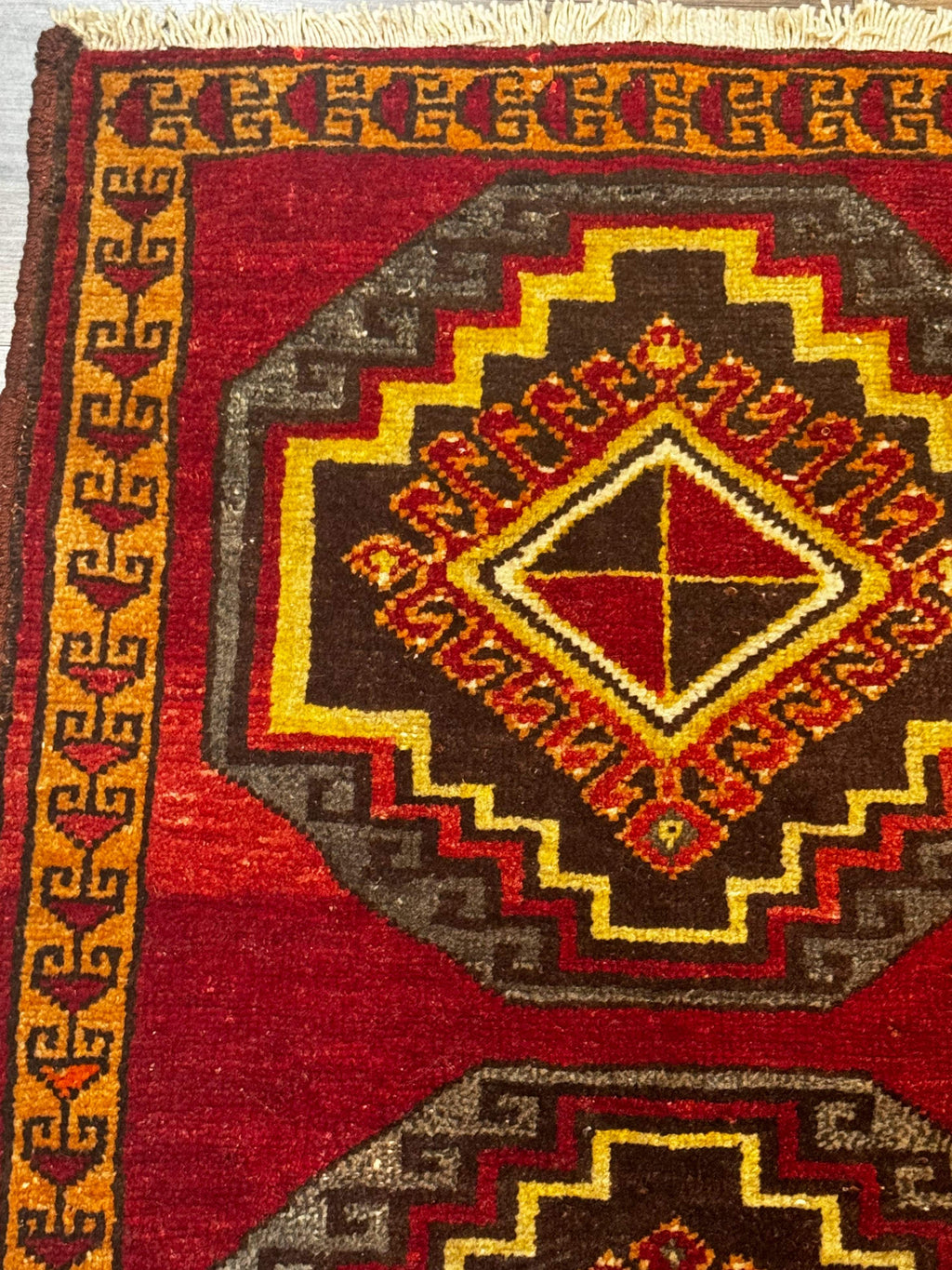 Small Antique Turkish Yastik Rug 2x3, Double Medallions, Geometric, Red, Wool