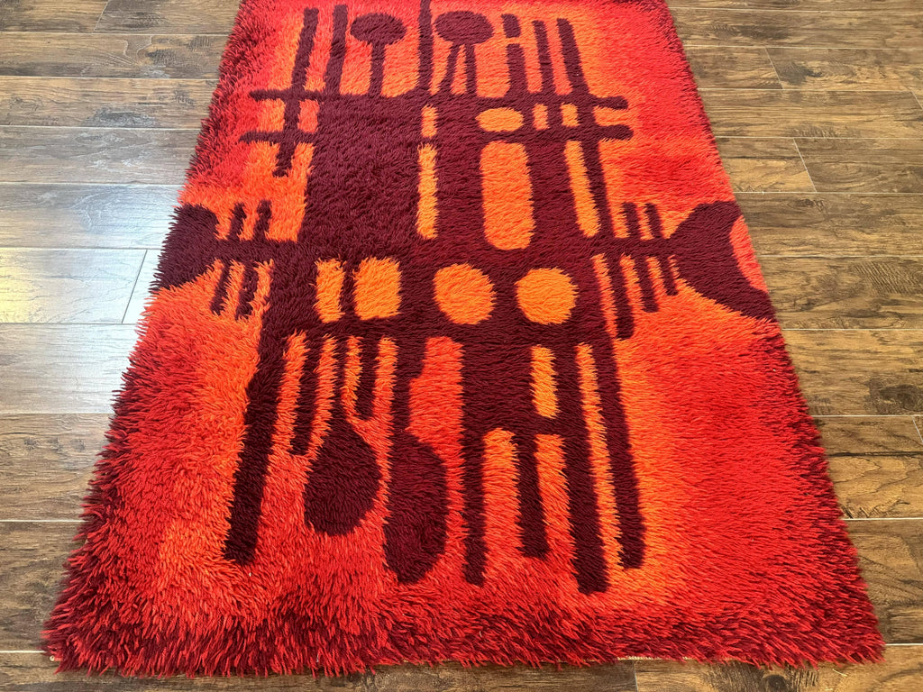 Danish Rya Shag Rug 4x6, Red Vintage Mid Century Retro Abstract Shag Rug