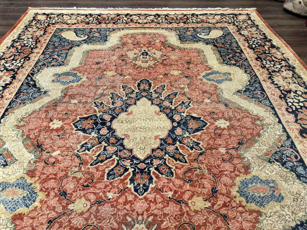 Antique Persian Sarouk Rug 9x12, Boteh Paisleys, Light Red Navy Blue
