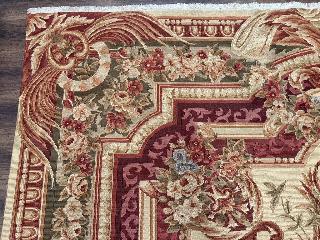 Large Aubusson Rug 10x13, Thick Flatweave Carpet, Elegant European Design, Cream and Raspberry
