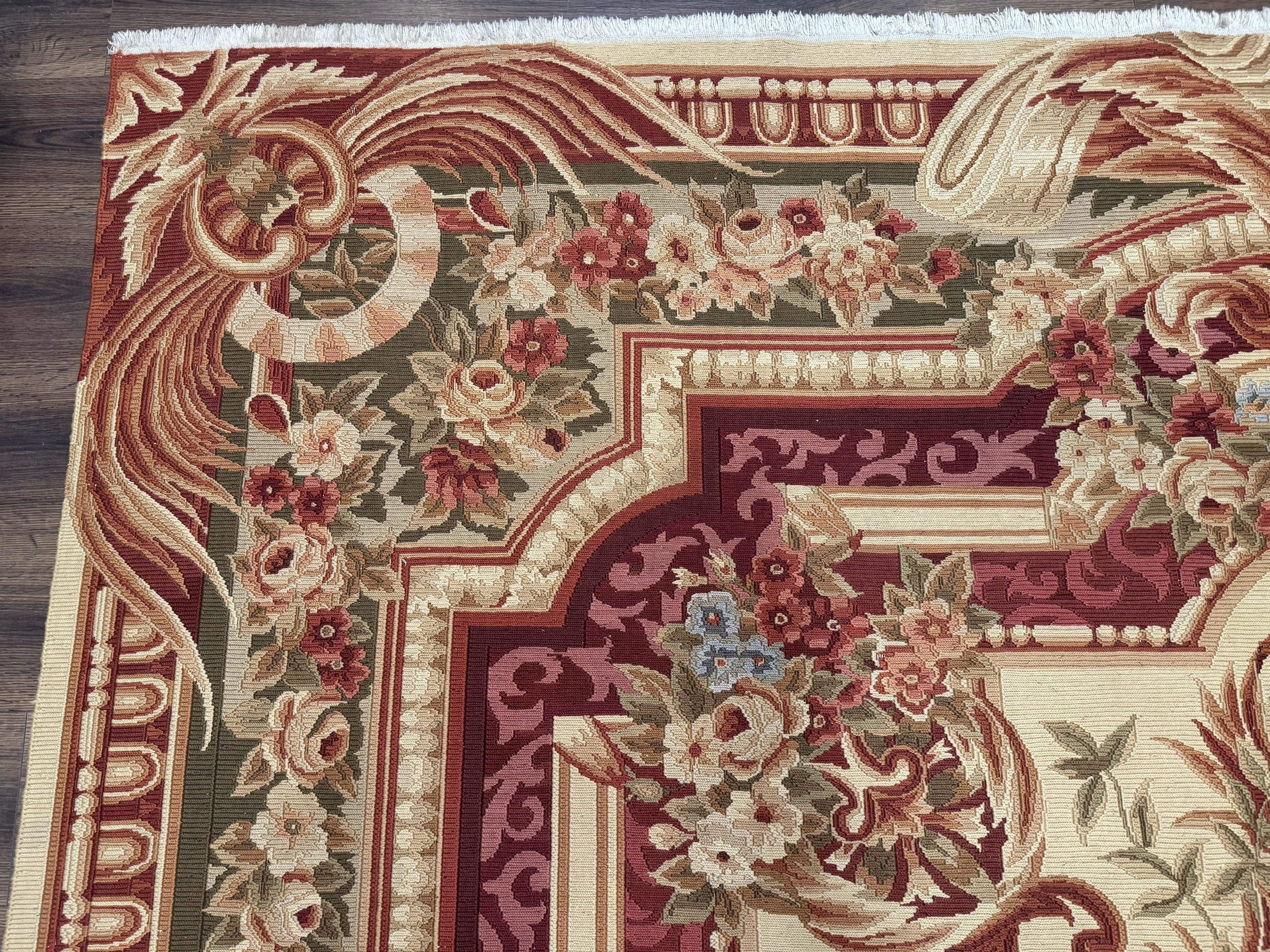 Large Aubusson Rug 10x13, Thick Flatweave Carpet, Elegant European Design, Cream and Raspberry
