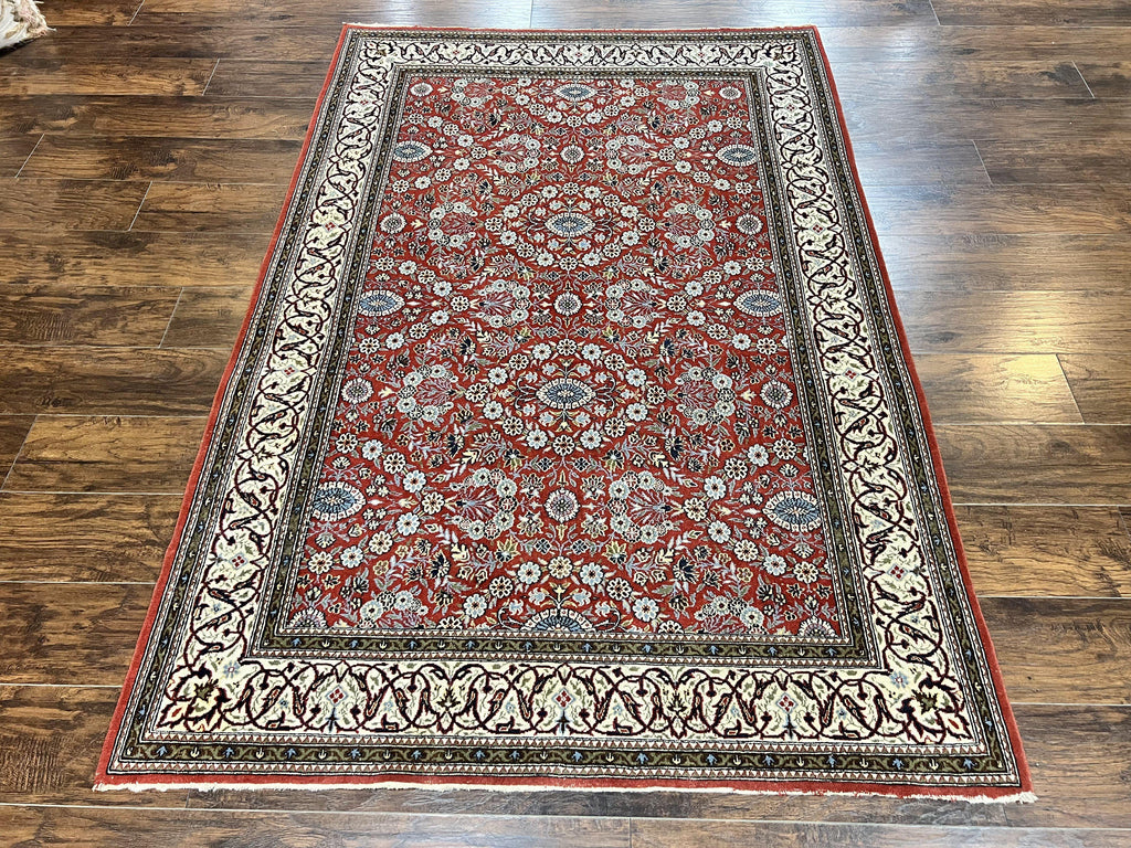 Red Persian Qum Rug 5 x 7.6, Hand Knotted Vintage Wool Fine Carpet 270 KPSI, Floral Allover