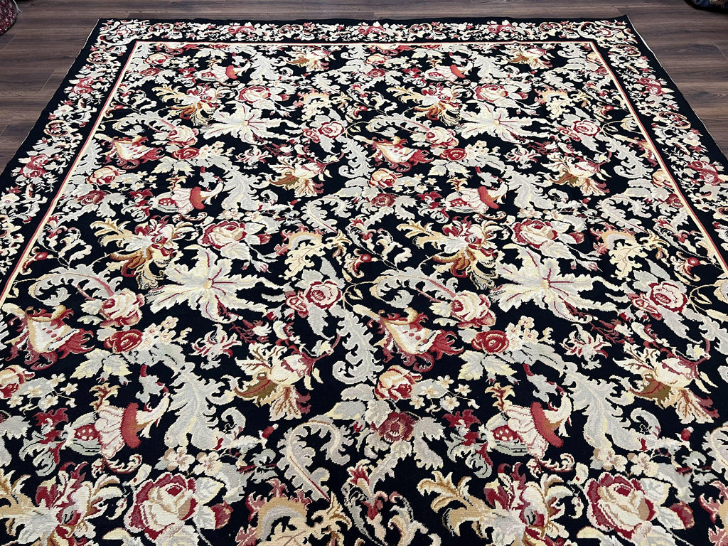 Wool Needlepoint Rug 9x12, William Morris Vintage Chinese Needlepoint Carpet 9 x 12, Handwoven, Allover Floral Area Rug, Black Light Green