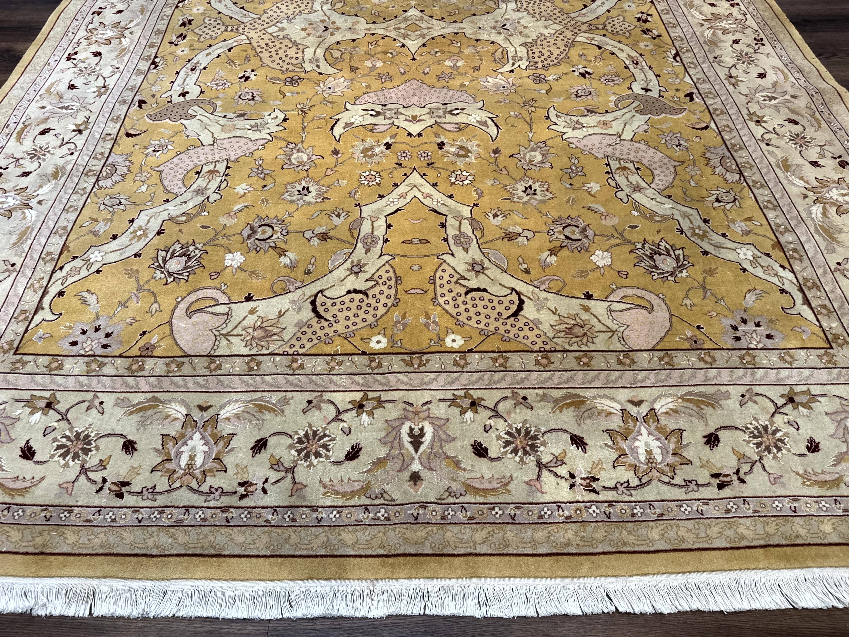 Sino Persian Rug 8x11, Wool with Silk Highlights, Unique Colors, Gold and Light Green, Fine 240 KPSI