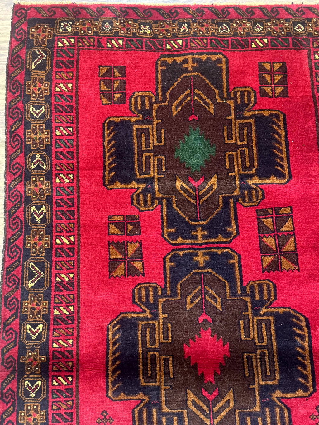 Red Afghan Balouch Rug 4x7, Triple Medallions, Handmade, New