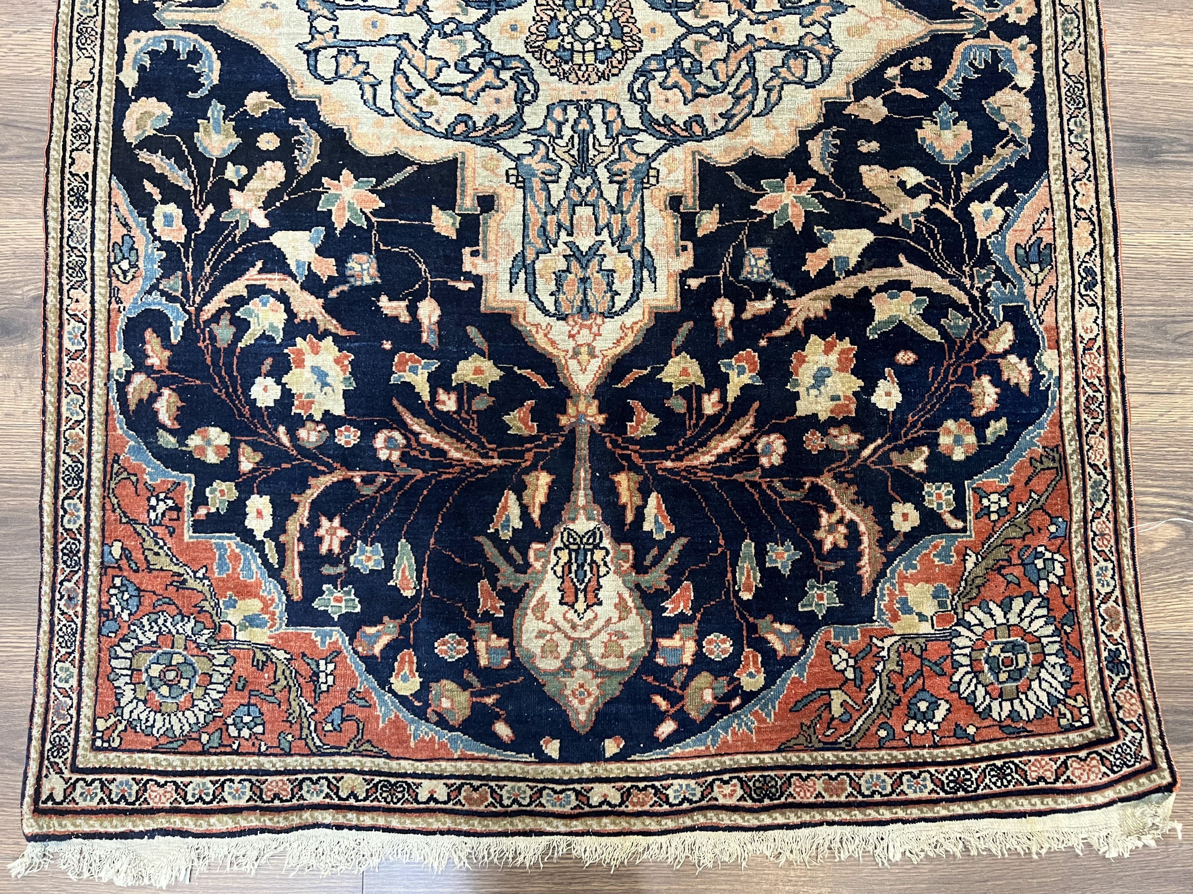 Antique Persian Rug 3.5 x 5, Sarouk Farahan Rug, High Quality 1920s Fine Oriental Carpet 3 x 5 ft, Large Medallion, Floral, Navy Blue Red, Hand Knotted Wool Rug