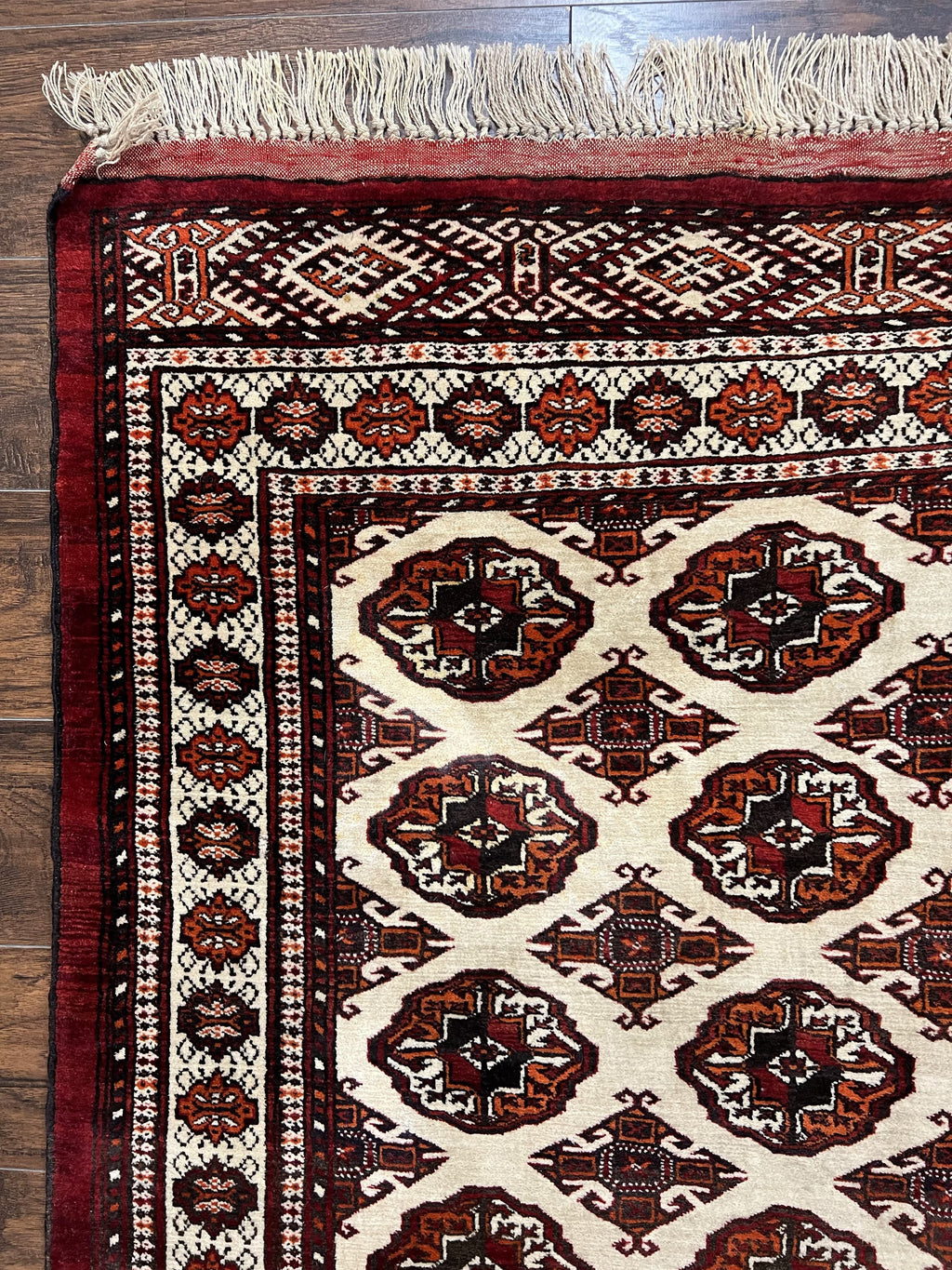 Persian Turkoman Rug 7x8, Almost Square Rare, Hand Knotted, Yamud, Bohemian Rug, Handmade Tribal Rug, Cream Red, Handmade Oriental Carpet