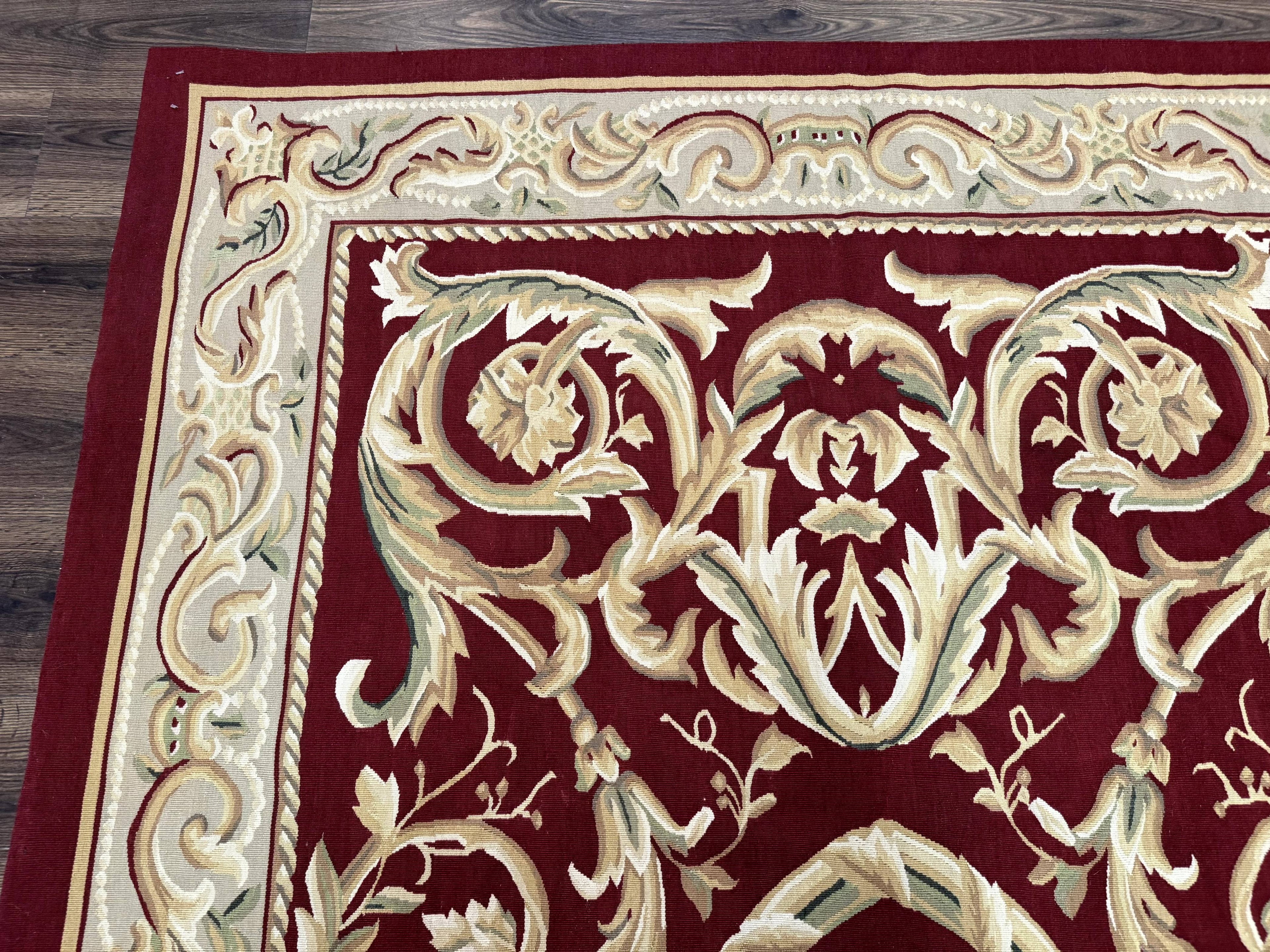 Burgundy Aubusson Rug 6x9, Vintage Wool Carpet
