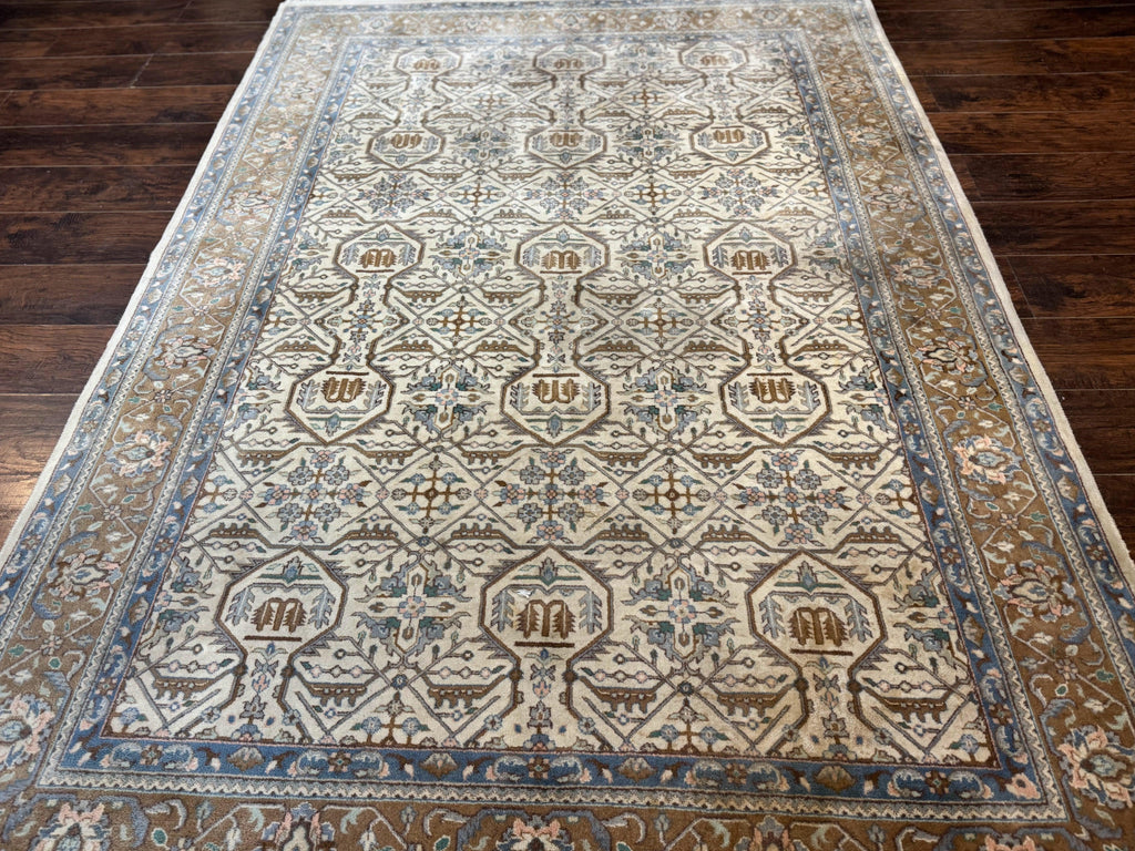 Indo Persian Rug 6x9, Beige, Allover Pattern, Vintage Wool Oriental Carpet