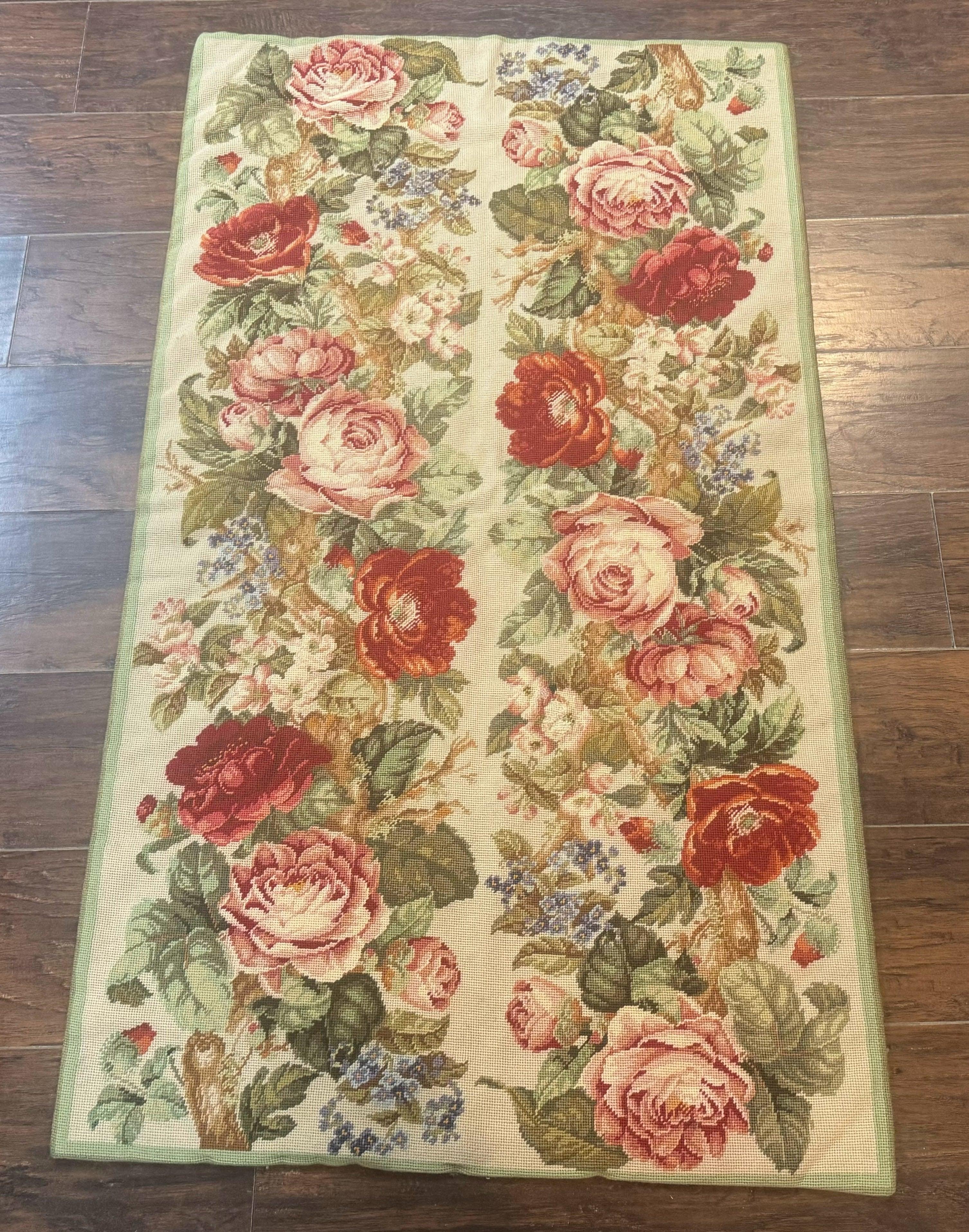 Small Needlepoint Rug 2.8 x 4.7, Floral, Vintage
