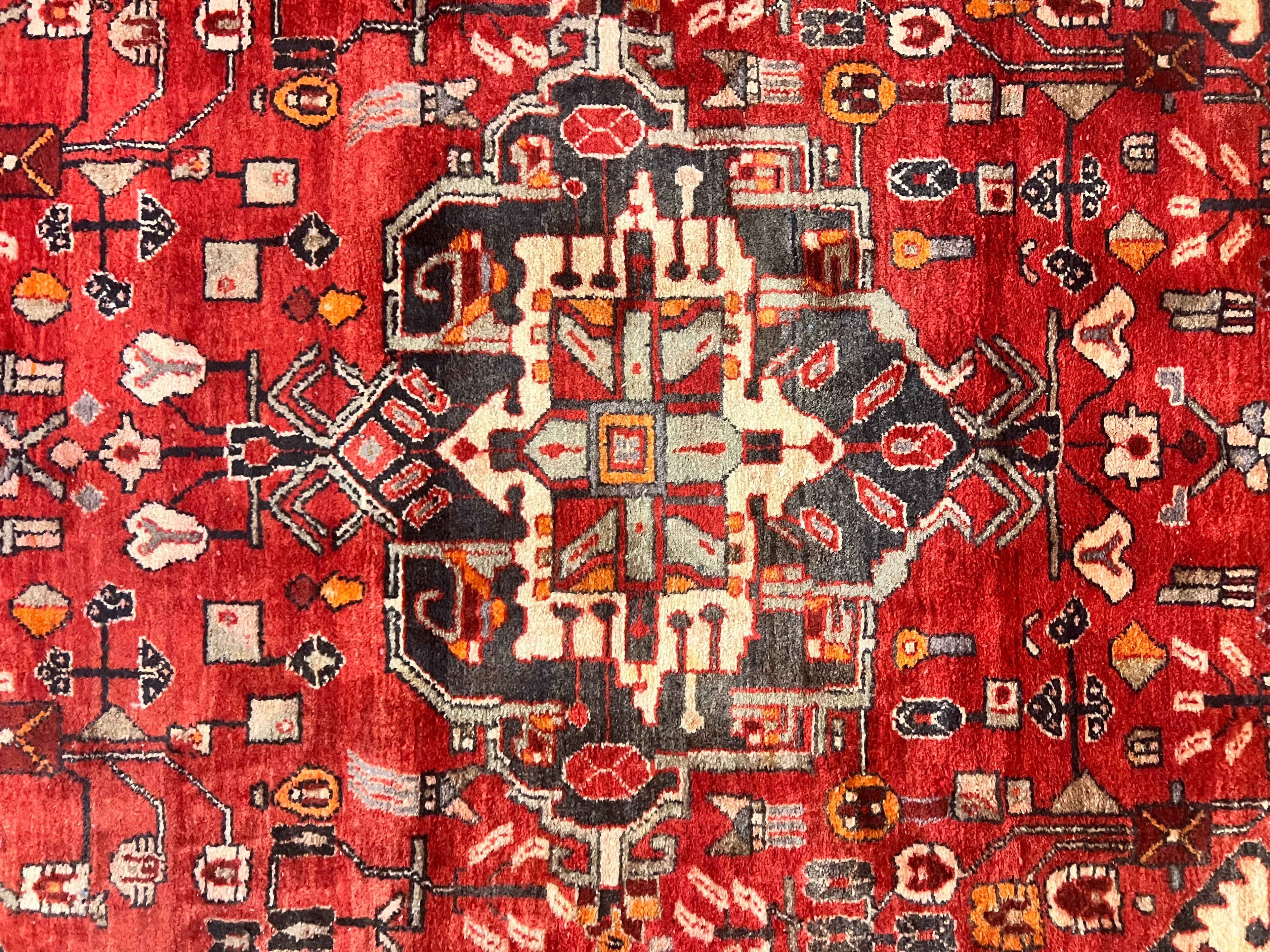 Antique Persian Tribal Rug 4 x 8, Geometric Medallion, Boho Rug, Wool Handmade Rug, Red 4x8 Rug, Persian Hamadan Rug