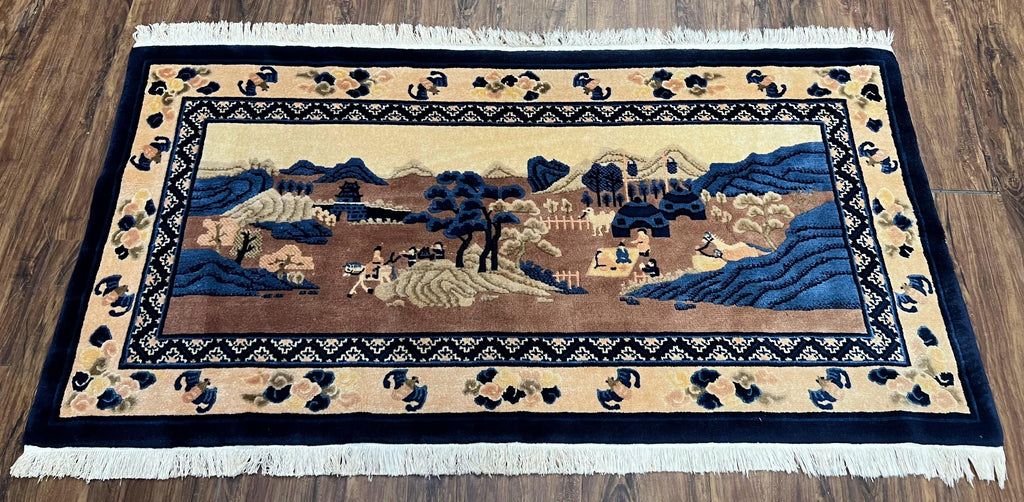 Antique Chinese Pictorial Rug 2.7 x 5, Chinese Village and Hills Carpet, Beige and Dark Blue, Handmade, Horizontal Rug Wall Hanging Tapestry