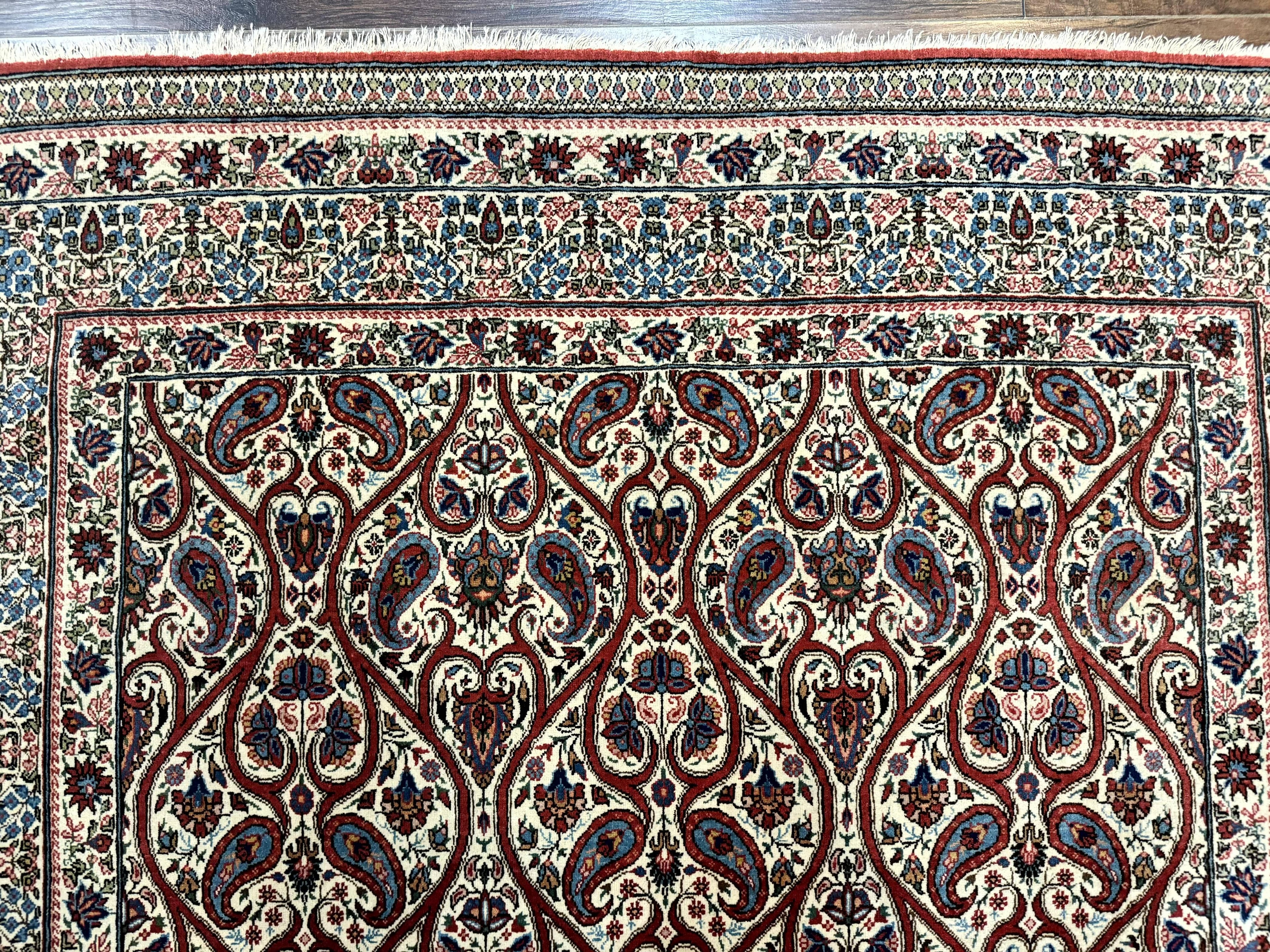 Unique Persian Qum Rug 5x7, Repeated Paisely Boteh Design, Ivory Red Blue, Handmade Antique Wool Persian Carpet, Finely Hand Knotted