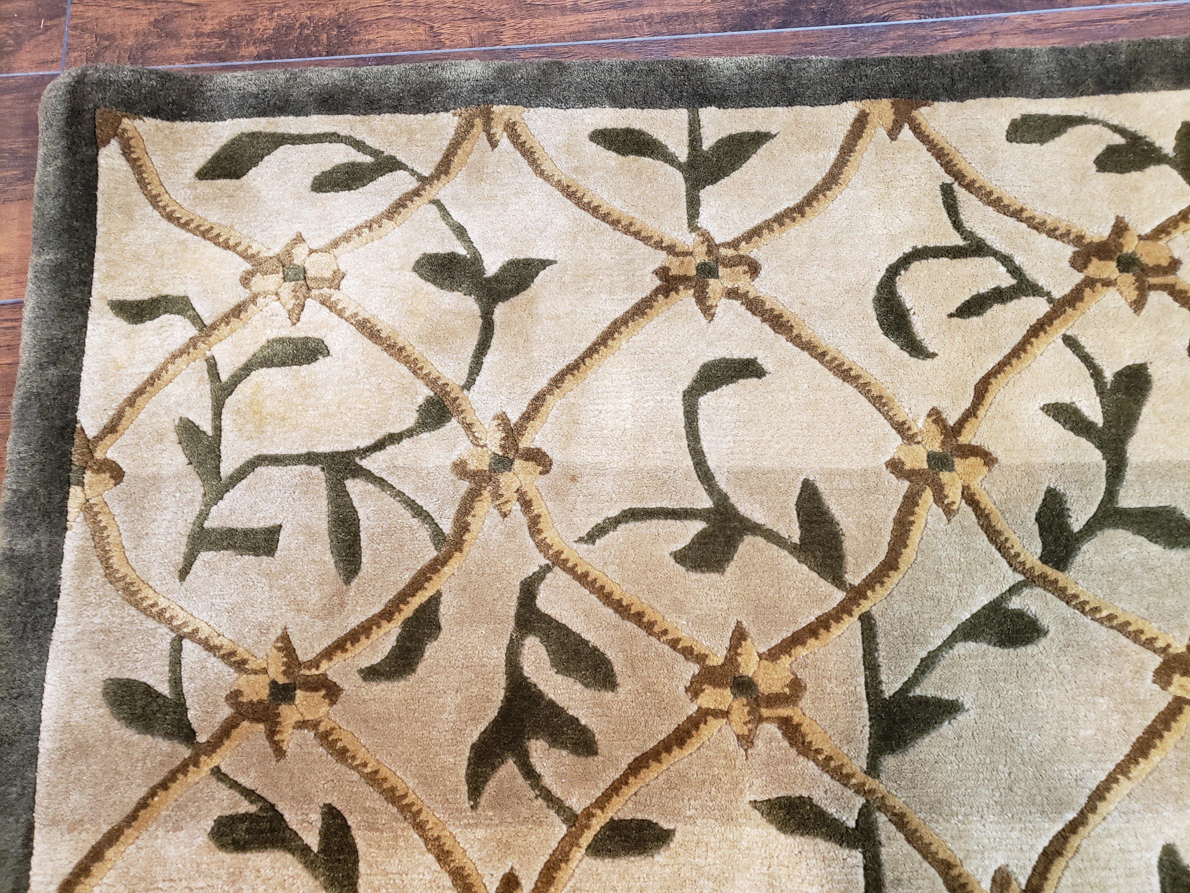 Vintage Tibetan Nepalese Area Rug 9x12, Wool Hand-Knotted, Beige Nepali Soft Pile Carpet, 9 x 12 Living Room Modern Dining Room Rug