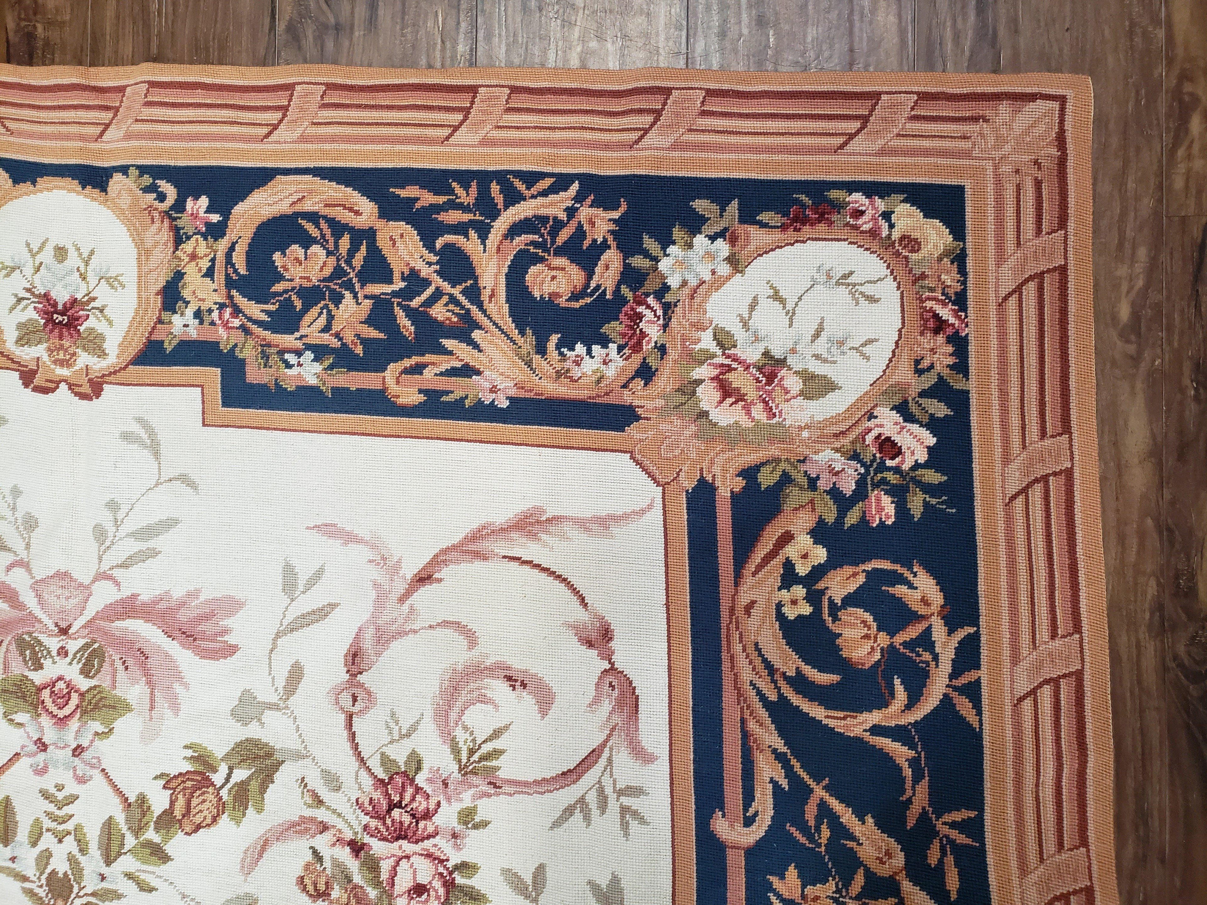 Chinese Aubusson Savonnerie Area Rug 6x8, Vintage Hand-Woven Needlepoint Rug, Flat Weave Handmade Wool Carpet Living Room Ivory & Navy Blue