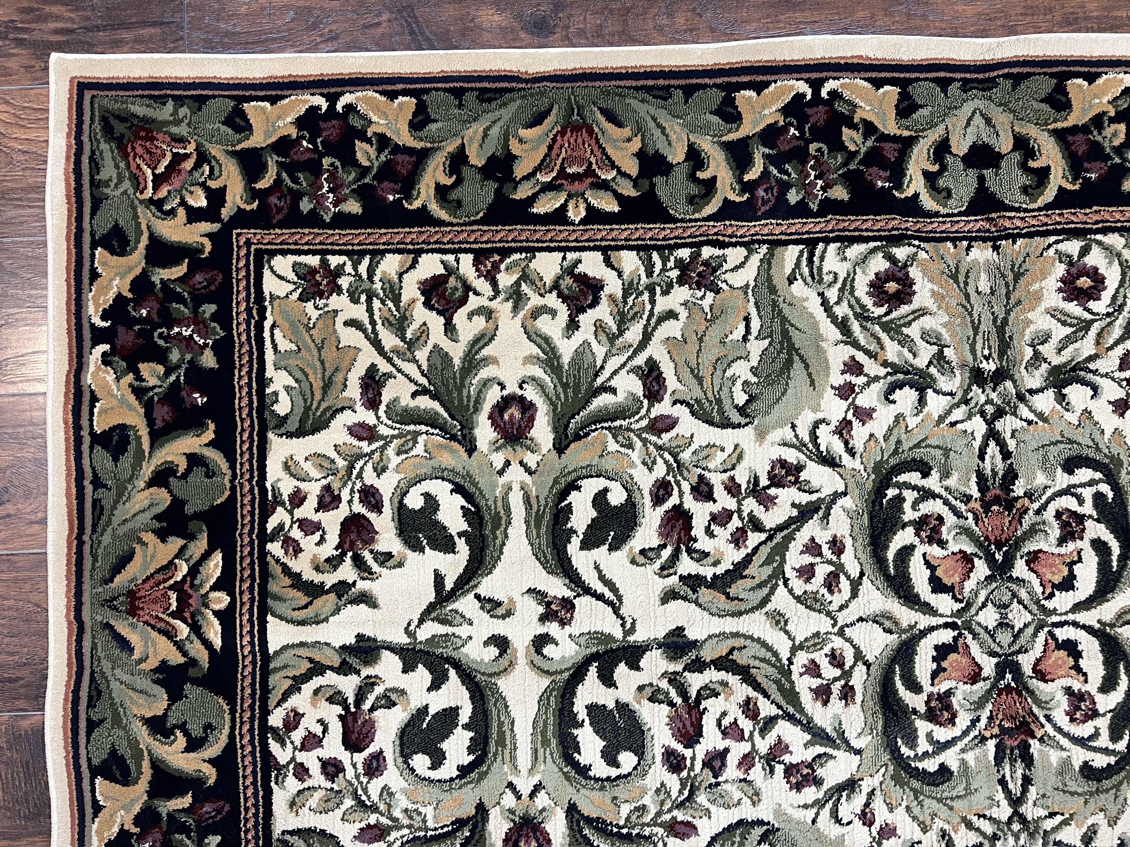 Oriental Rug 8x11, Floral Pattern, Ivory and Black