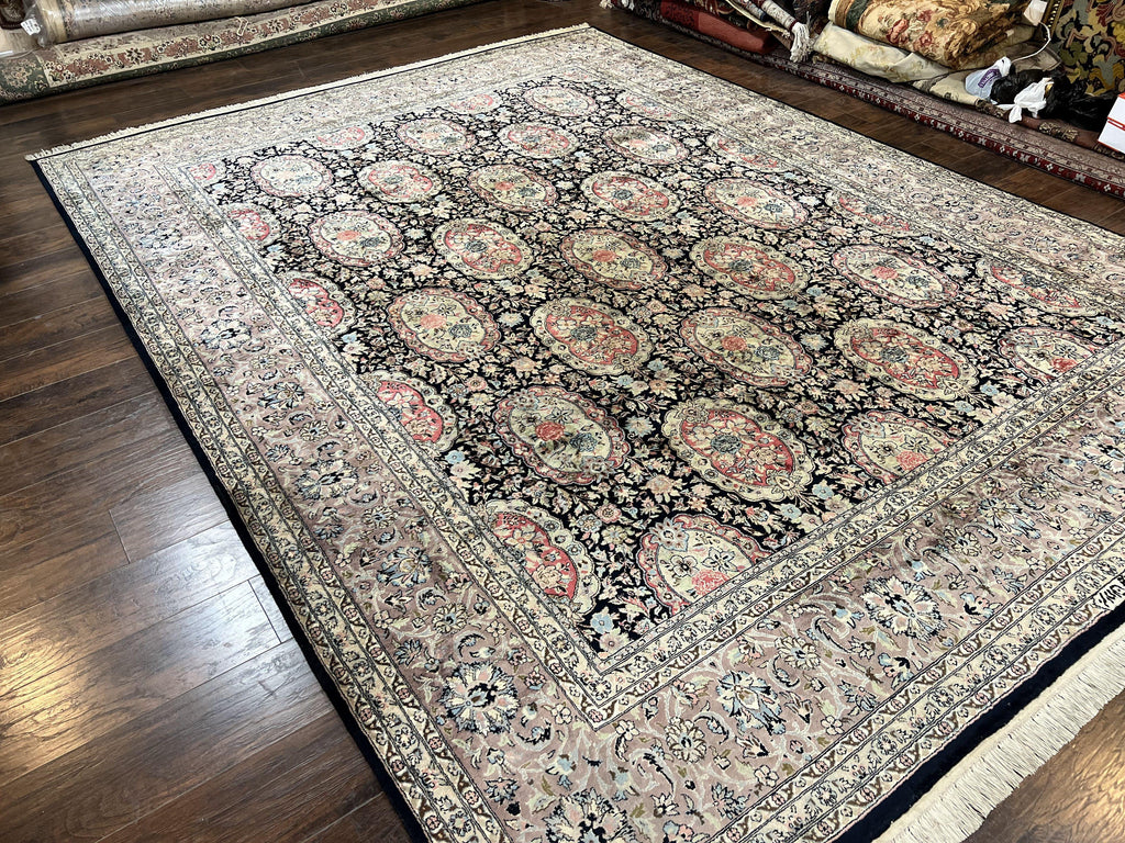 Sino Persian Rug 9x12, Navy Blue and Pink Hand Knotted Wool and Silk Highlights Vintage Oriental Carpet, Handmade Floral Area Rug 9 x 12 ft