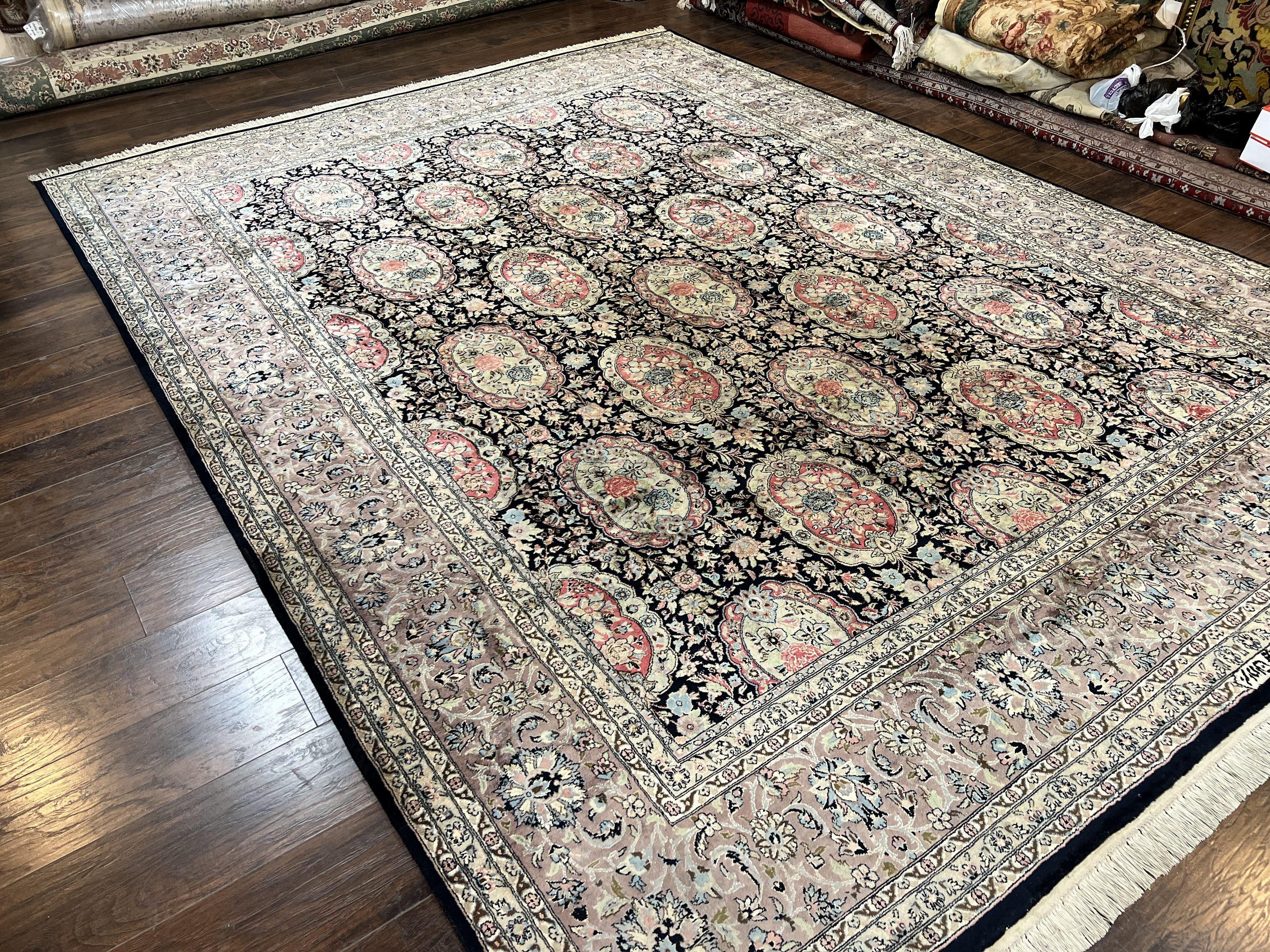 Sino Persian Rug 9x12, Navy Blue and Pink Hand Knotted Wool and Silk Highlights Vintage Oriental Carpet, Handmade Floral Area Rug 9 x 12 ft