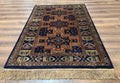 Vintage Afghan Rug 4x6, Navy Blue and Light Brown, Geometric Medallions, Wool on Wool, Tribal Rug