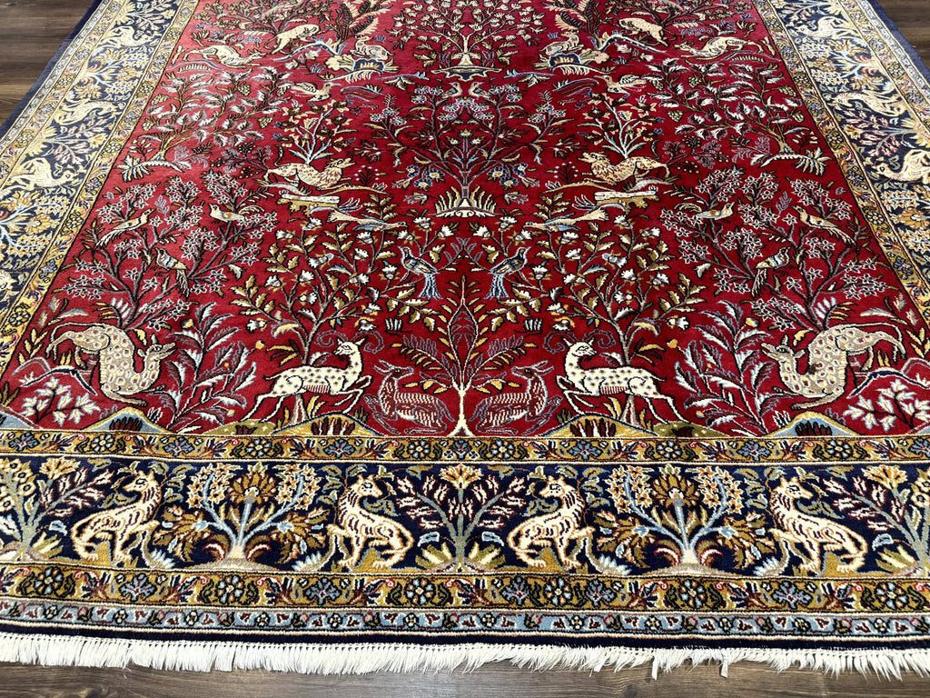 Persian Qum Rug 9x12, Animal Pictorials, Deer Birds, Tree of Life, Red and Navy Blue