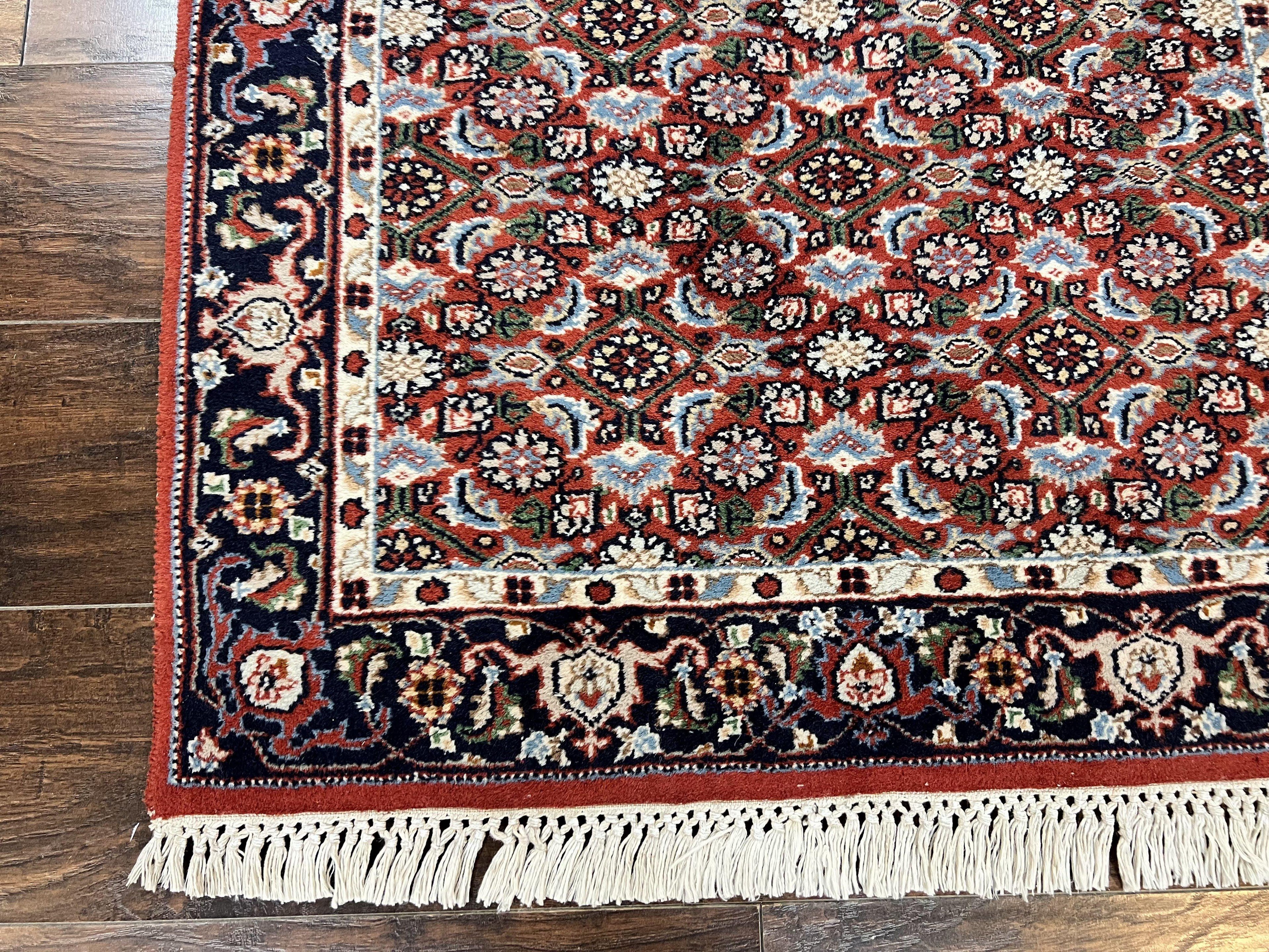 Indo Persian Rug 3x5, Red and Navy Blue, Wool Vintage Handmade Small Carpet 3 x 5 ft, Herati Pattern, Bidjar Rug
